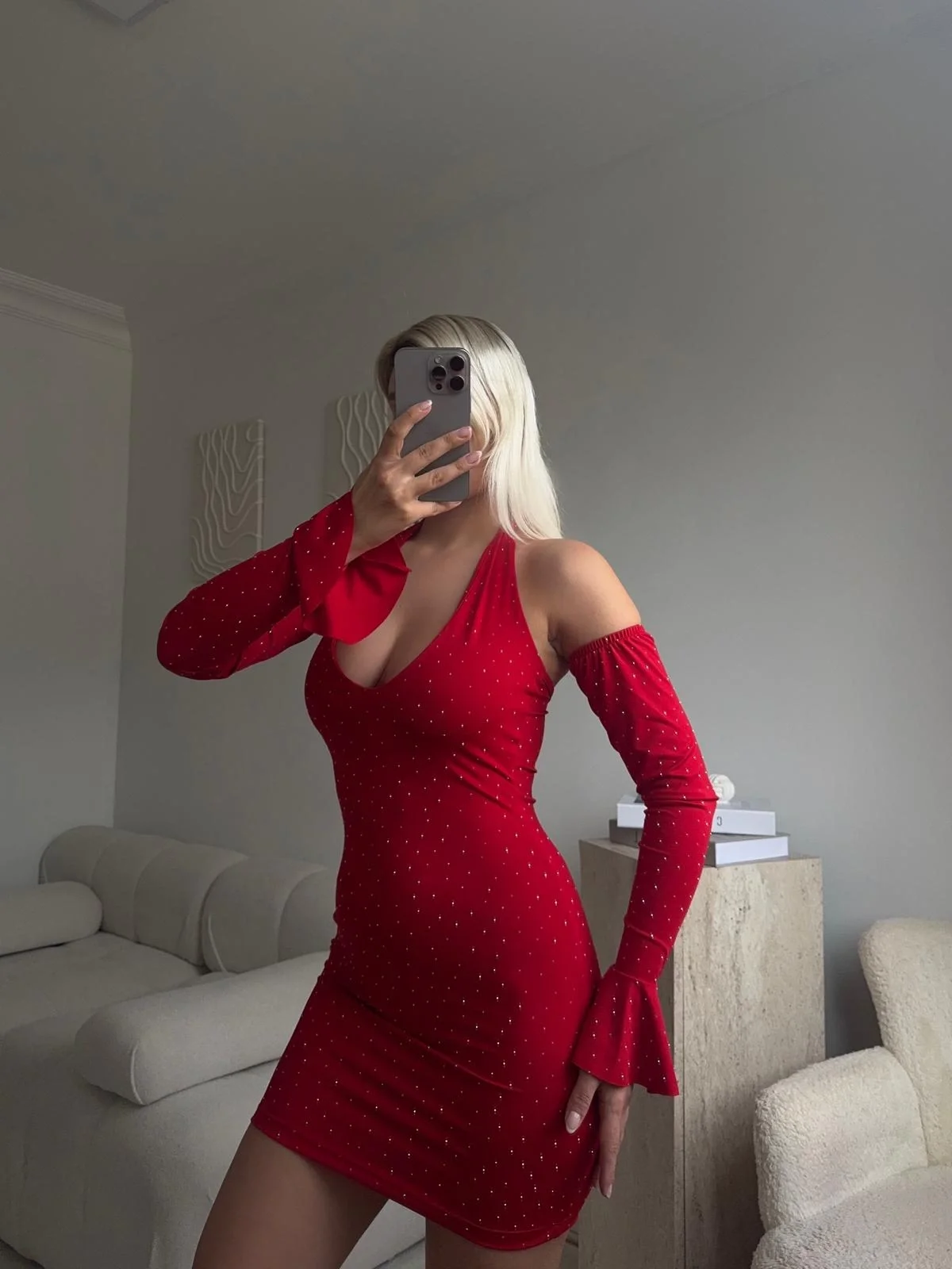 Madonna Yaka Taşlı Elbise - KIRMIZI