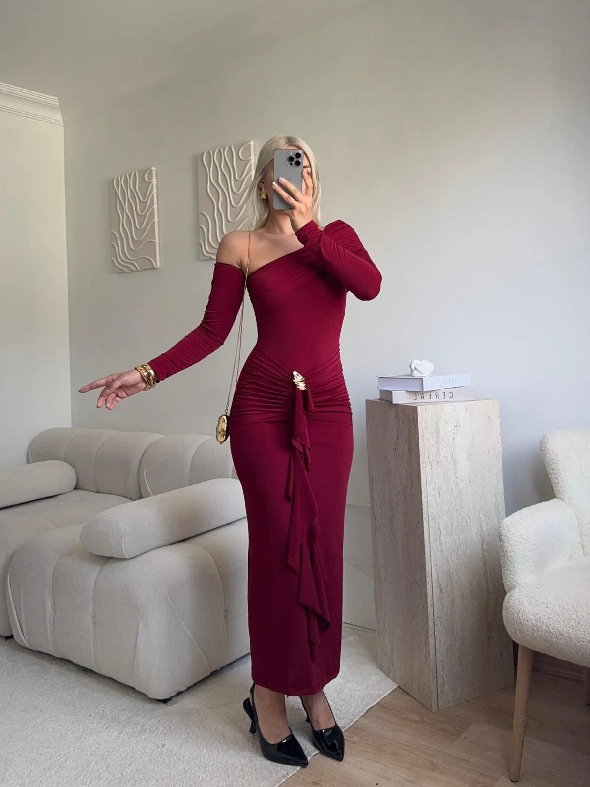 Omuz Dekolte Aksesuar Elbise - BORDO