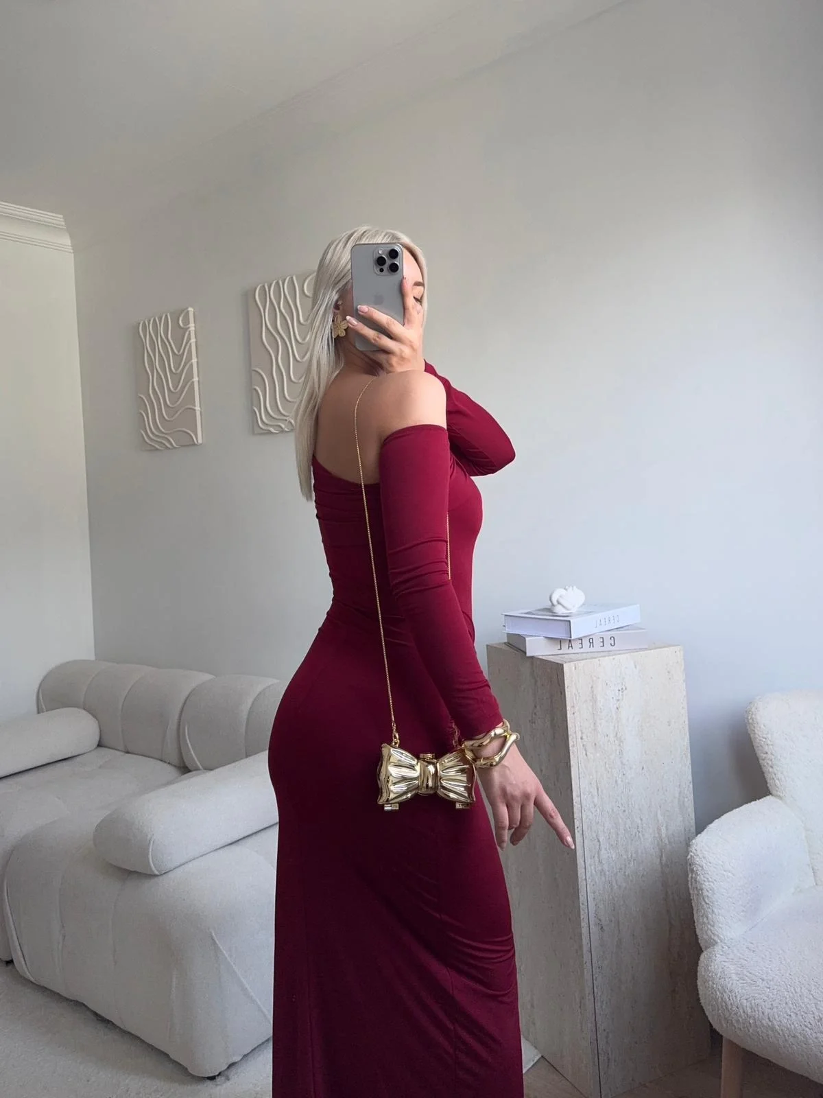 Omuz Dekolte Aksesuar Elbise - BORDO