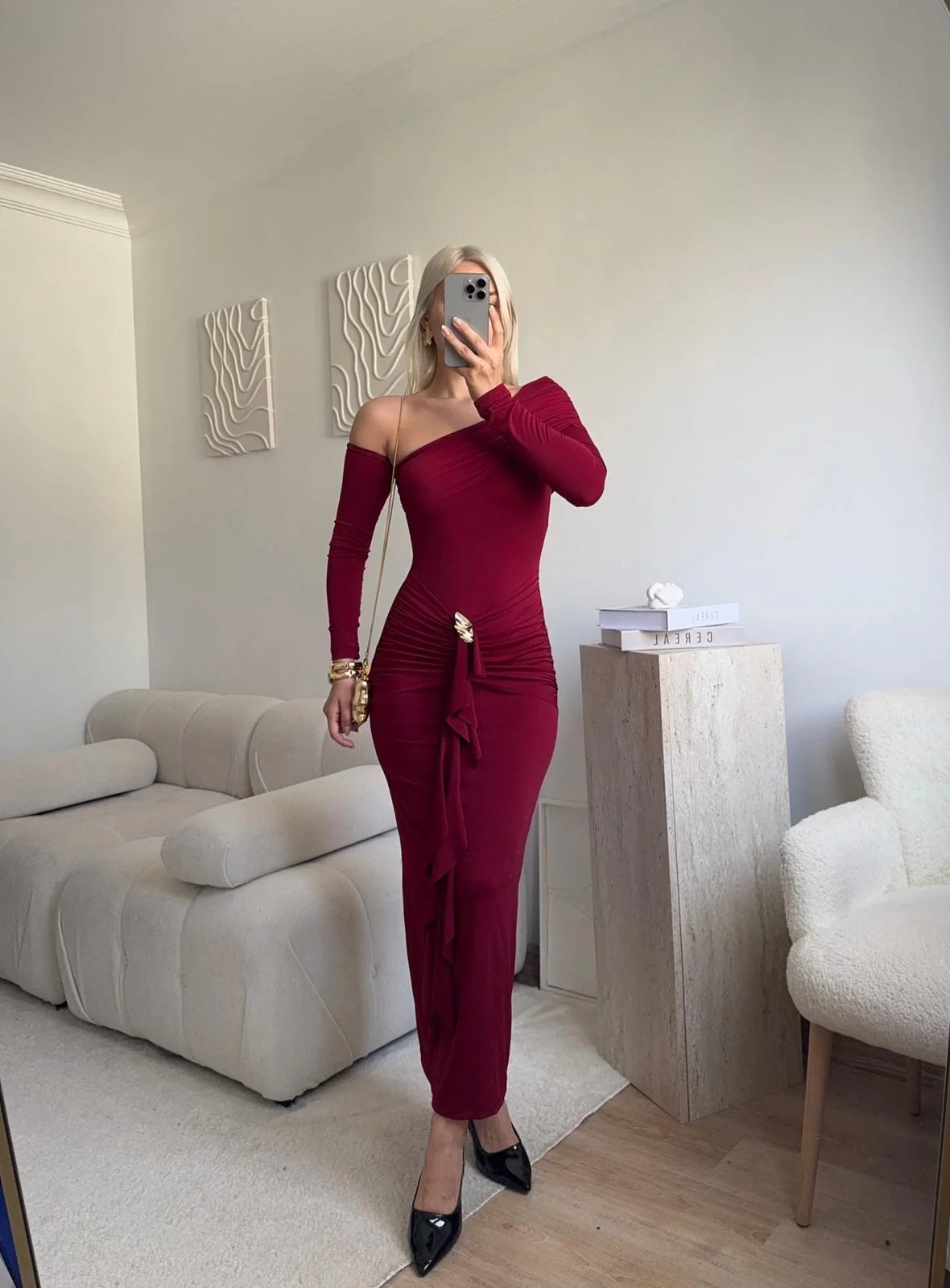 Omuz Dekolte Aksesuar Elbise - BORDO