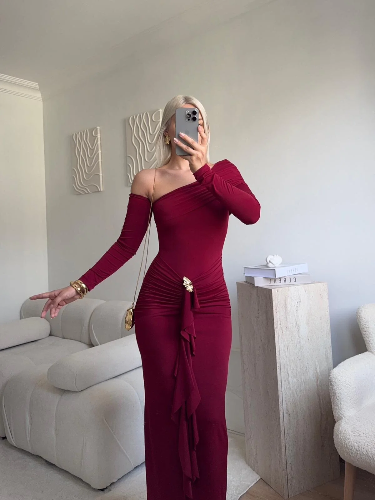 Omuz Dekolte Aksesuar Elbise - BORDO