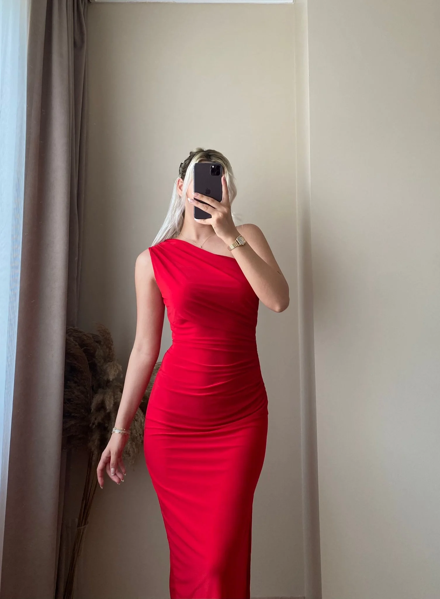 Omuz Detay Drapeli Elbise- KIRMIZI