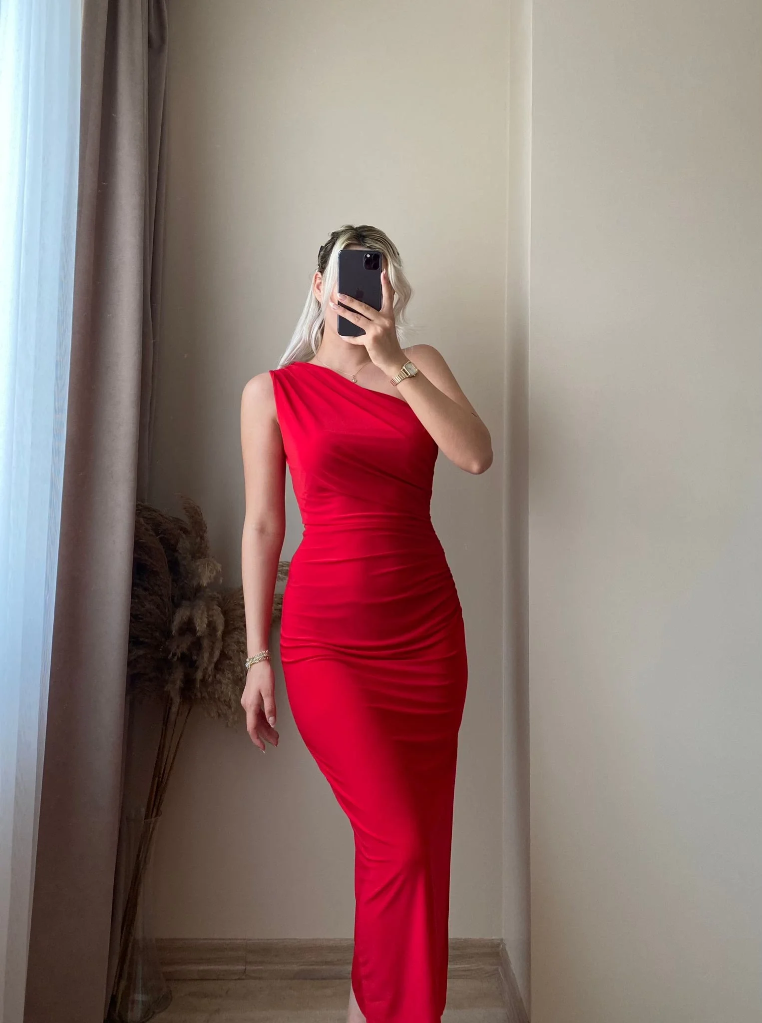 Omuz Detay Drapeli Elbise- KIRMIZI