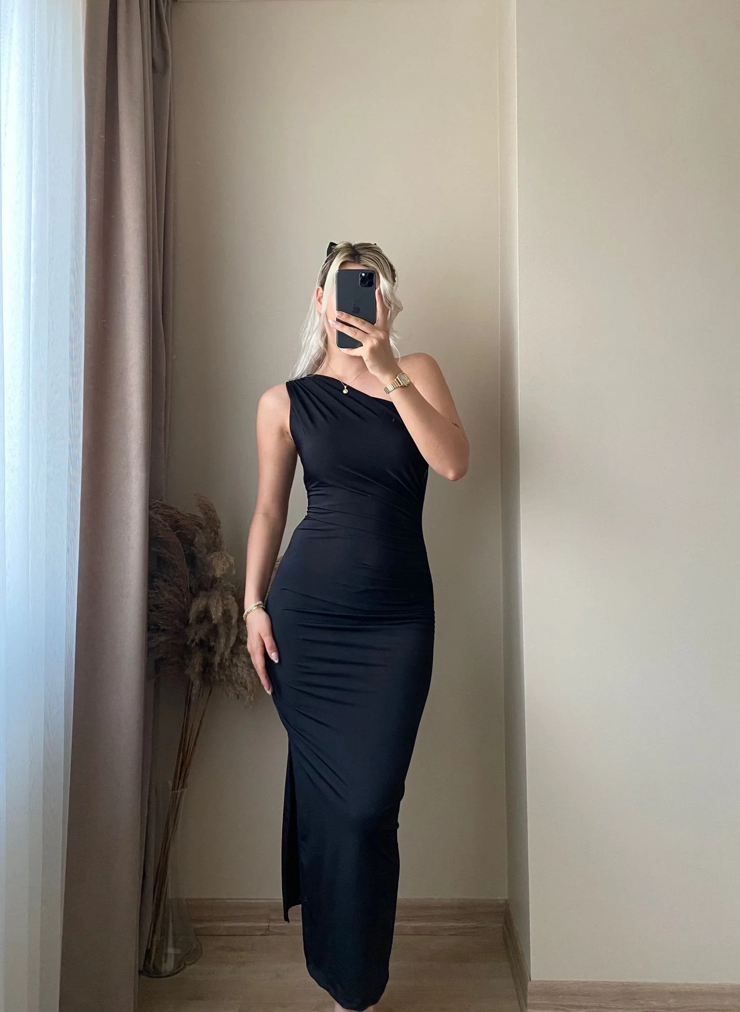 Omuz Detay Drapeli Elbise-SİYAH