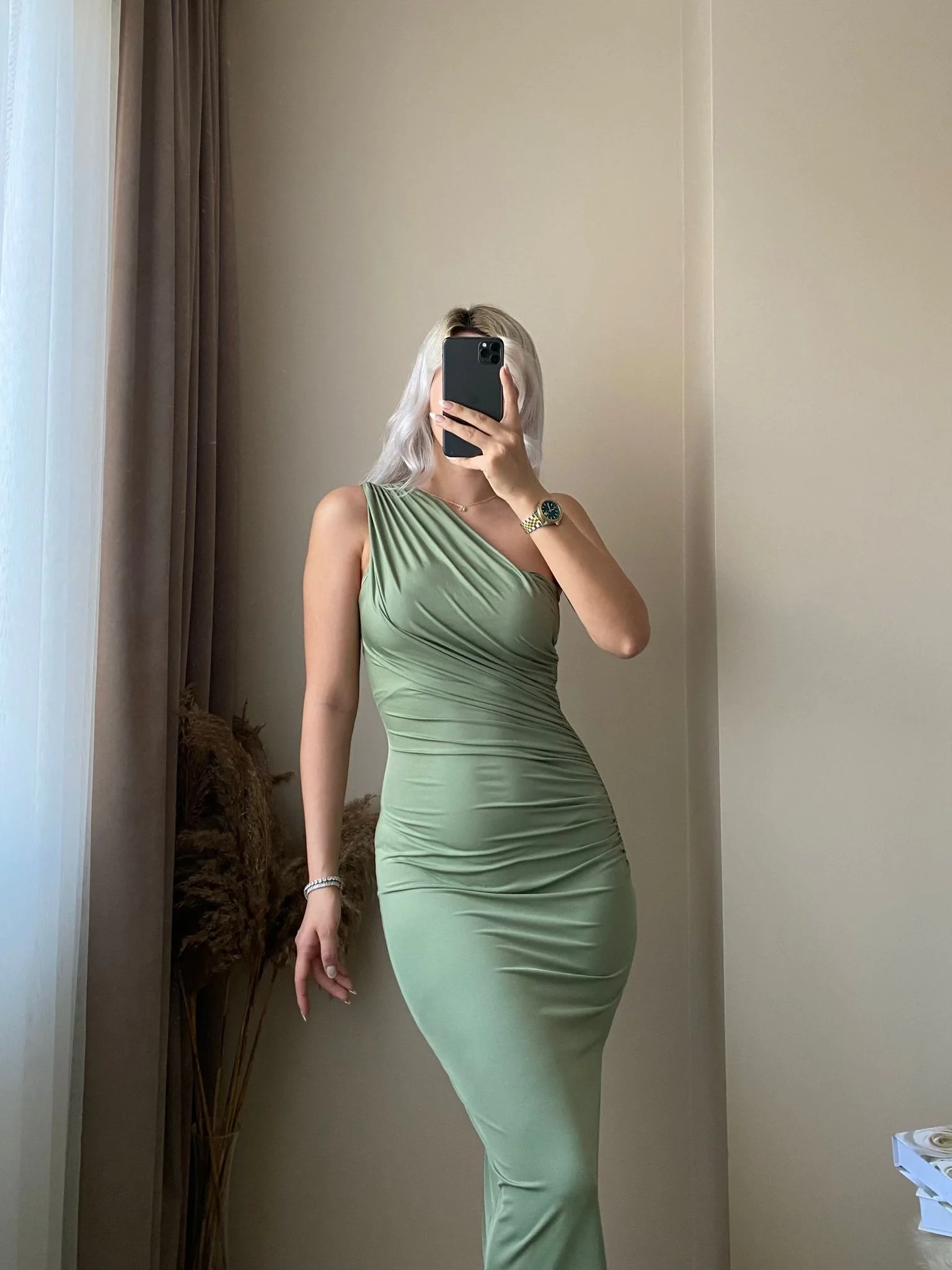 Omuz Detay Drapeli Elbise-Yeşil