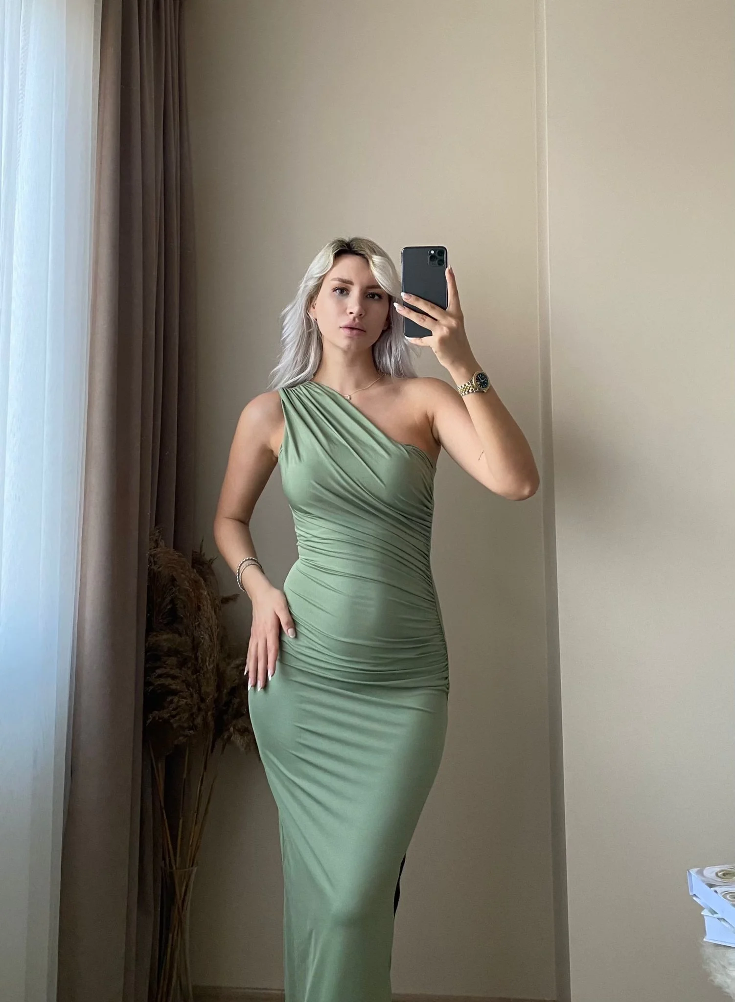 Omuz Detay Drapeli Elbise-Yeşil