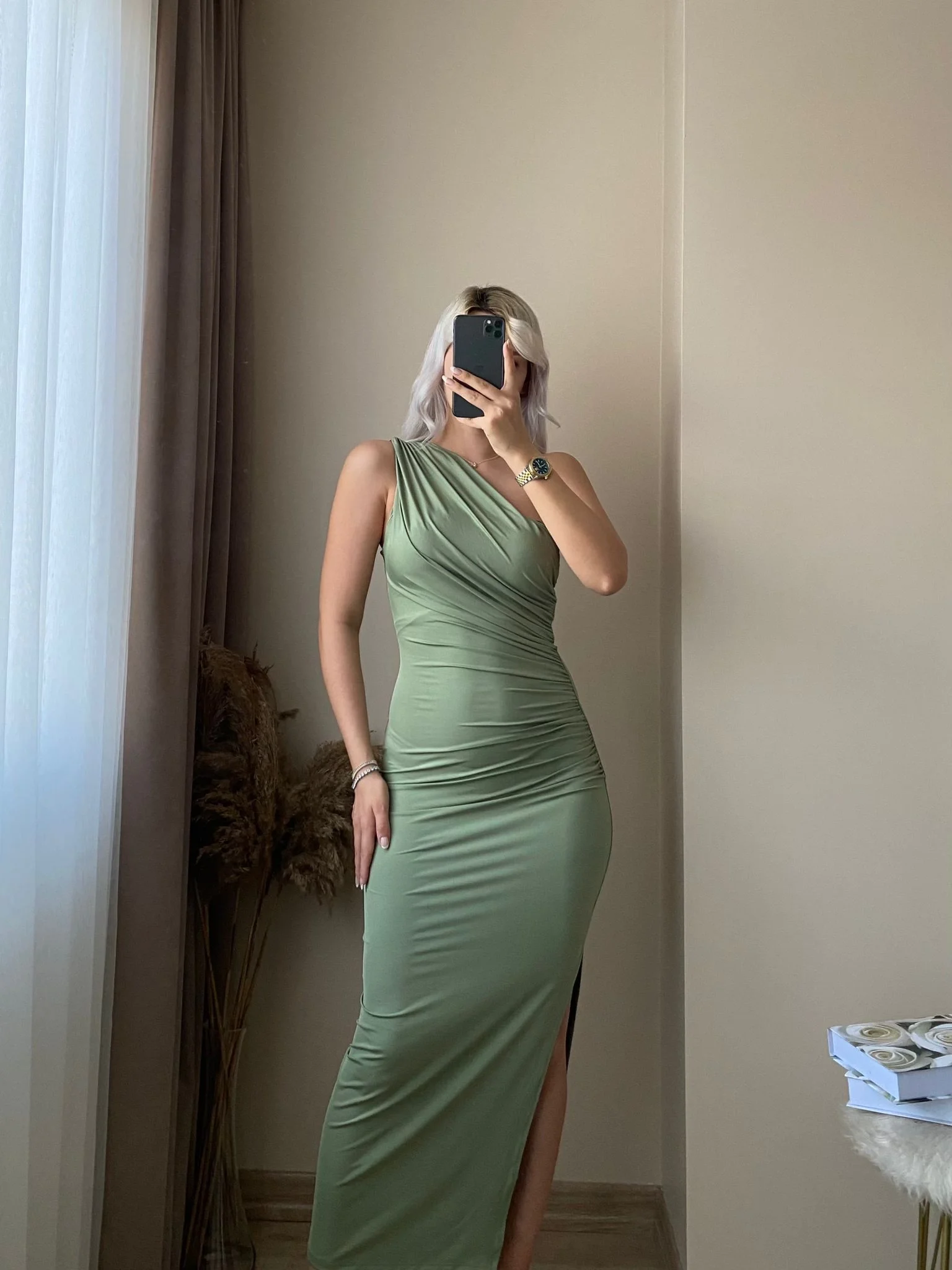 Omuz Detay Drapeli Elbise-Yeşil