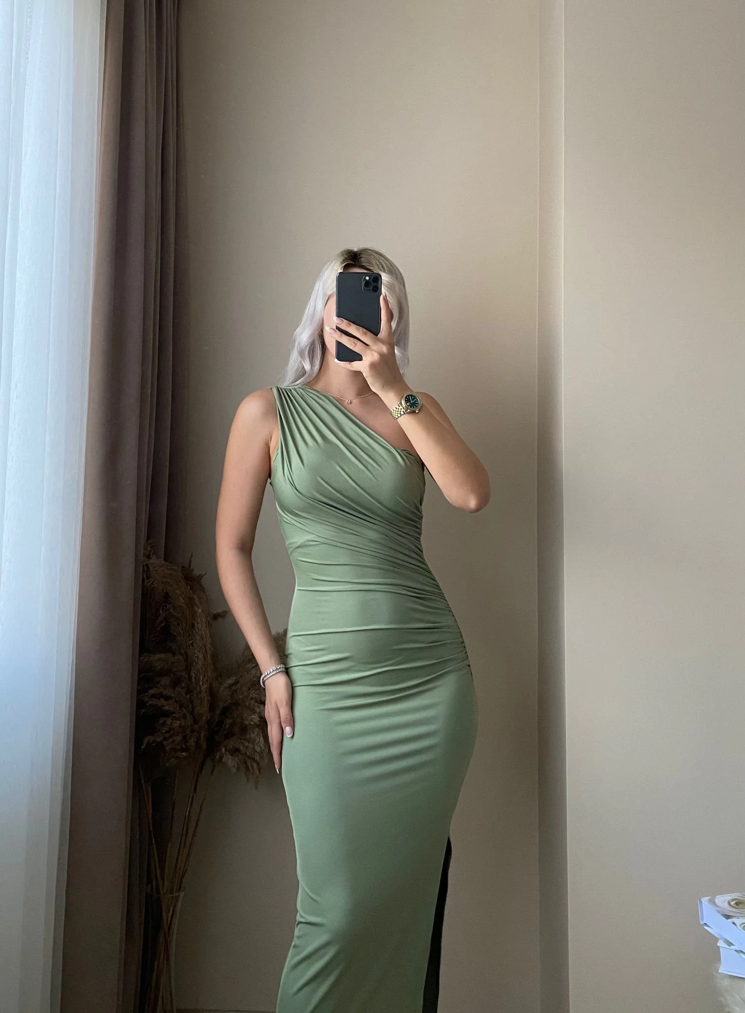 Omuz Detay Drapeli Elbise-Yeşil