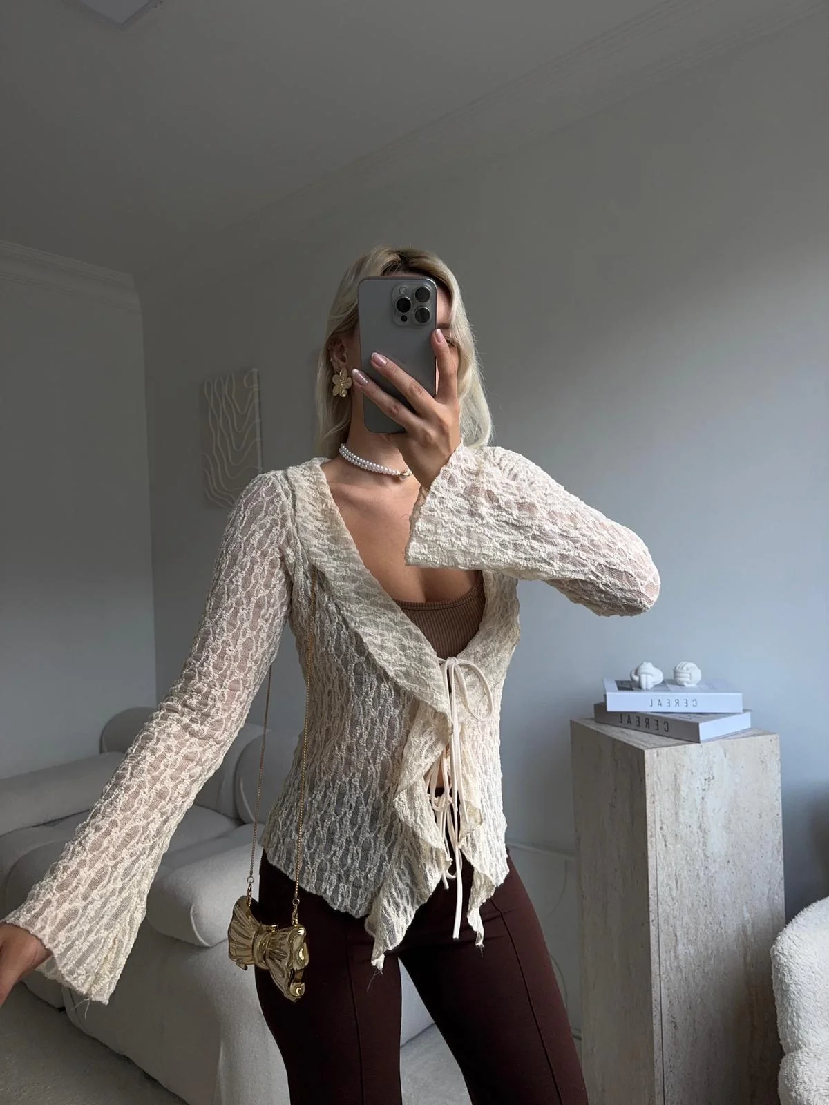 Ön Bağlamalı Dantel Hırka - BEJ