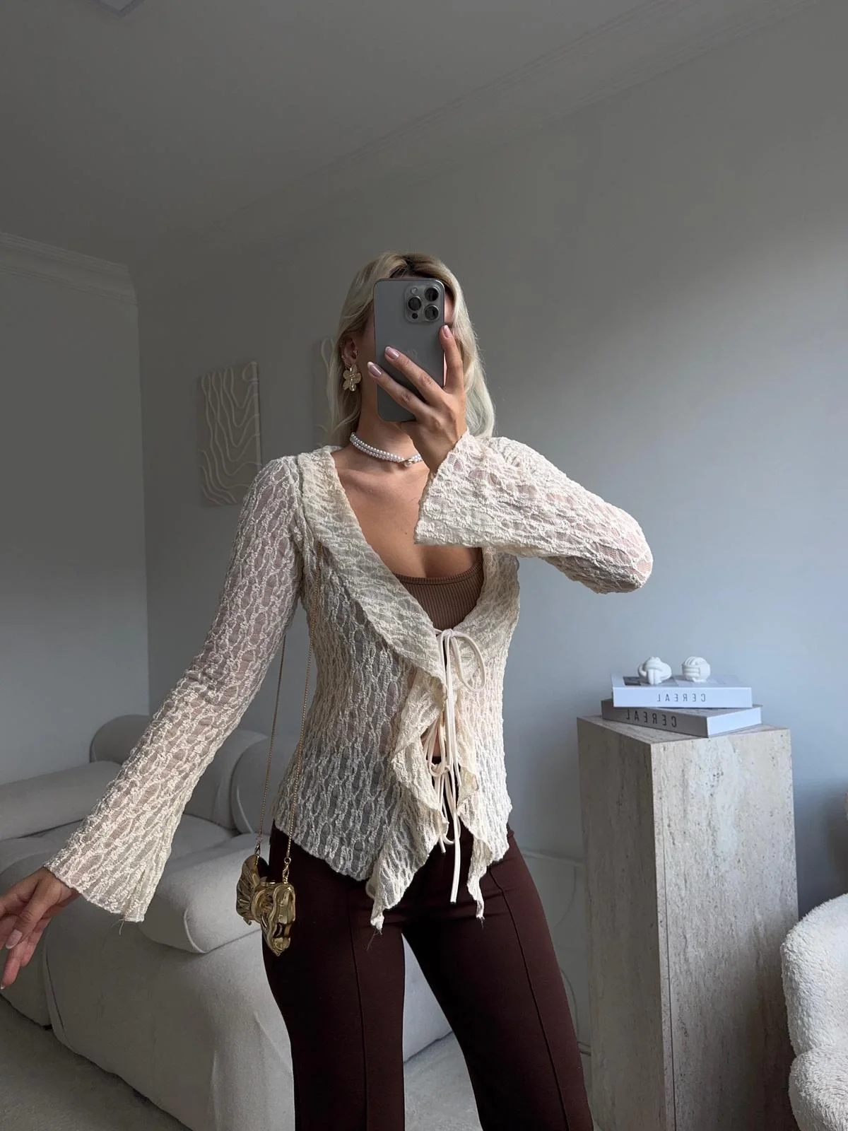 Ön Bağlamalı Dantel Hırka - BEJ