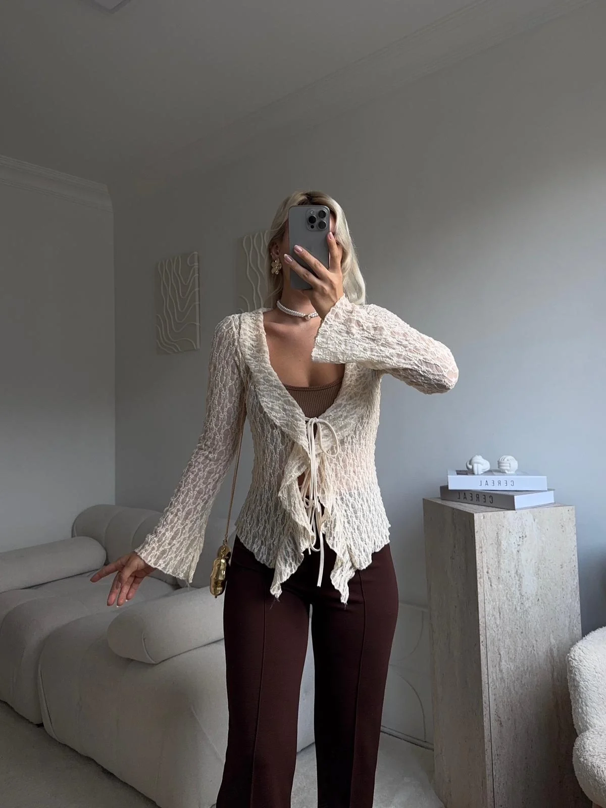 Ön Bağlamalı Dantel Hırka - BEJ