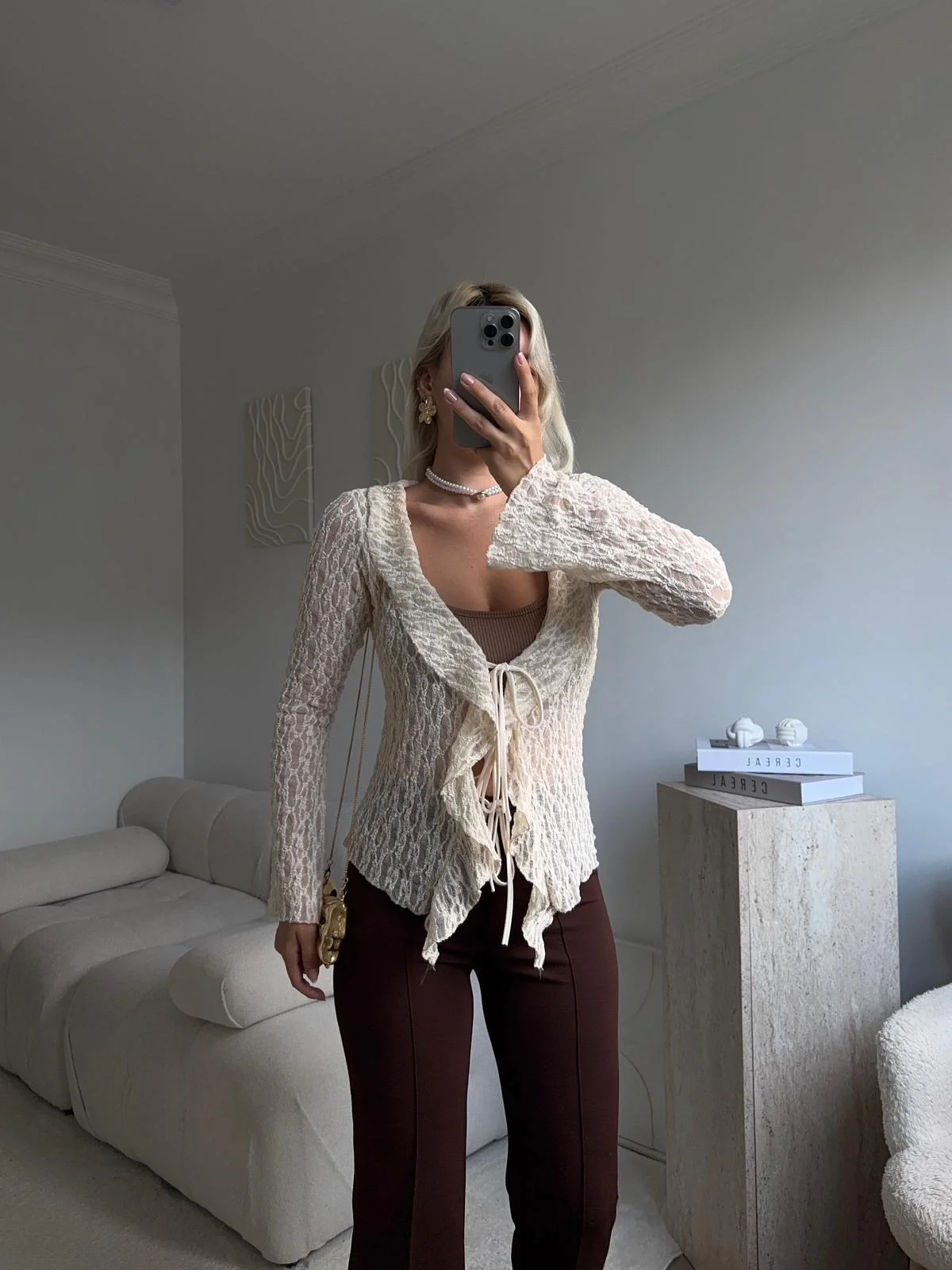 Ön Bağlamalı Dantel Hırka - BEJ