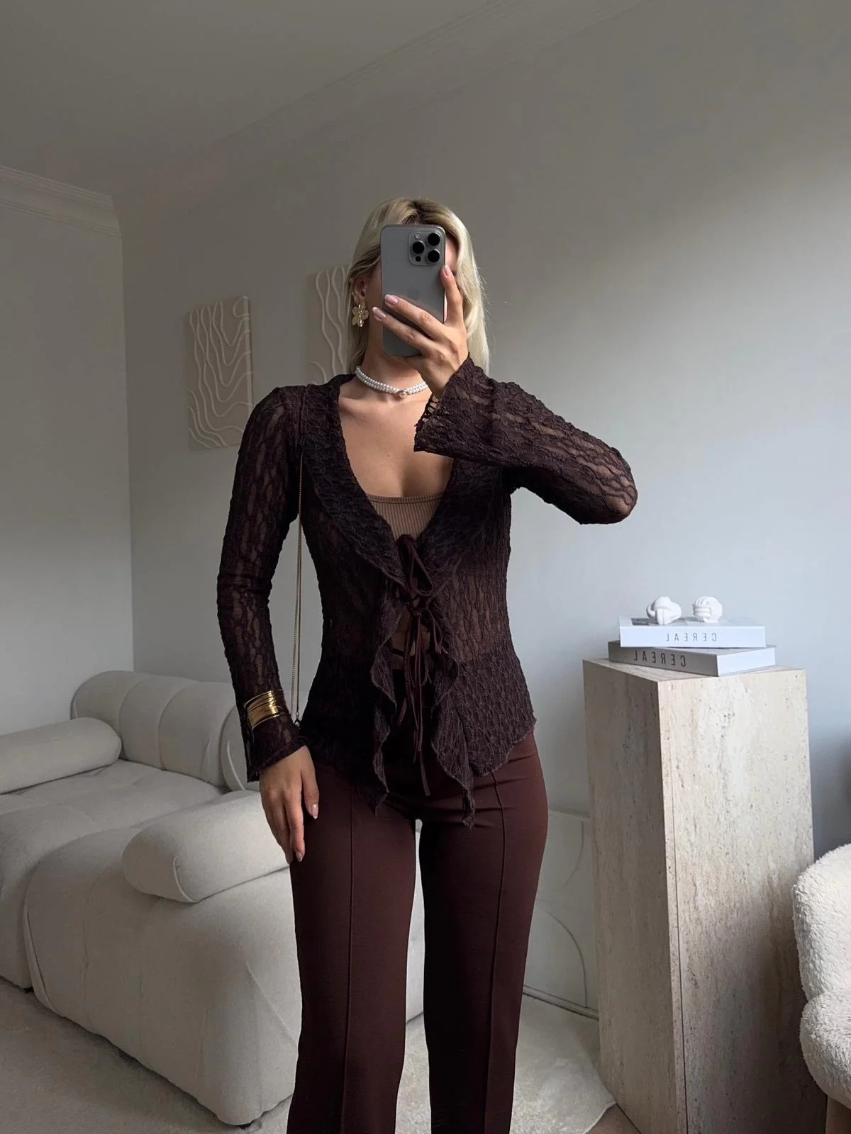 Ön Bağlamalı Dantel Hırka - KAHVE