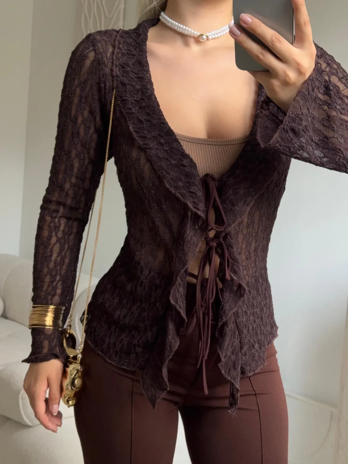 Ön Bağlamalı Dantel Hırka - KAHVE