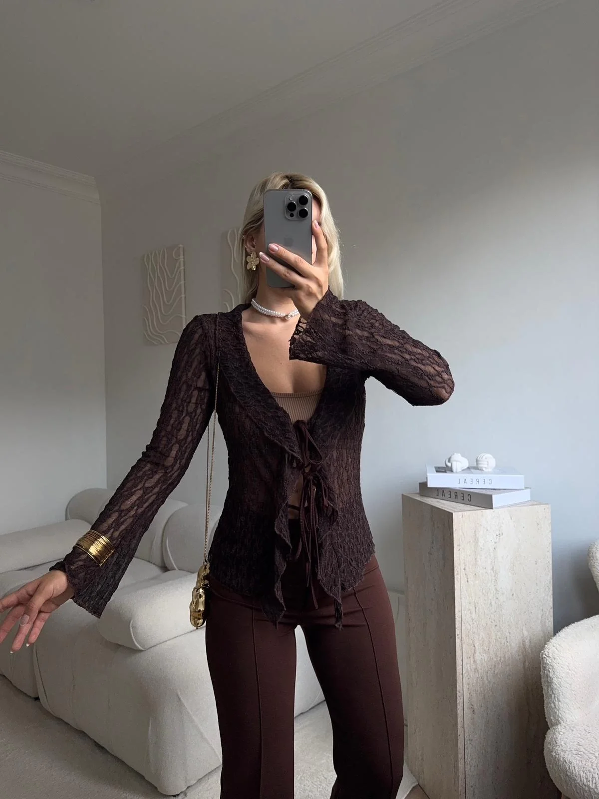 Ön Bağlamalı Dantel Hırka - KAHVE