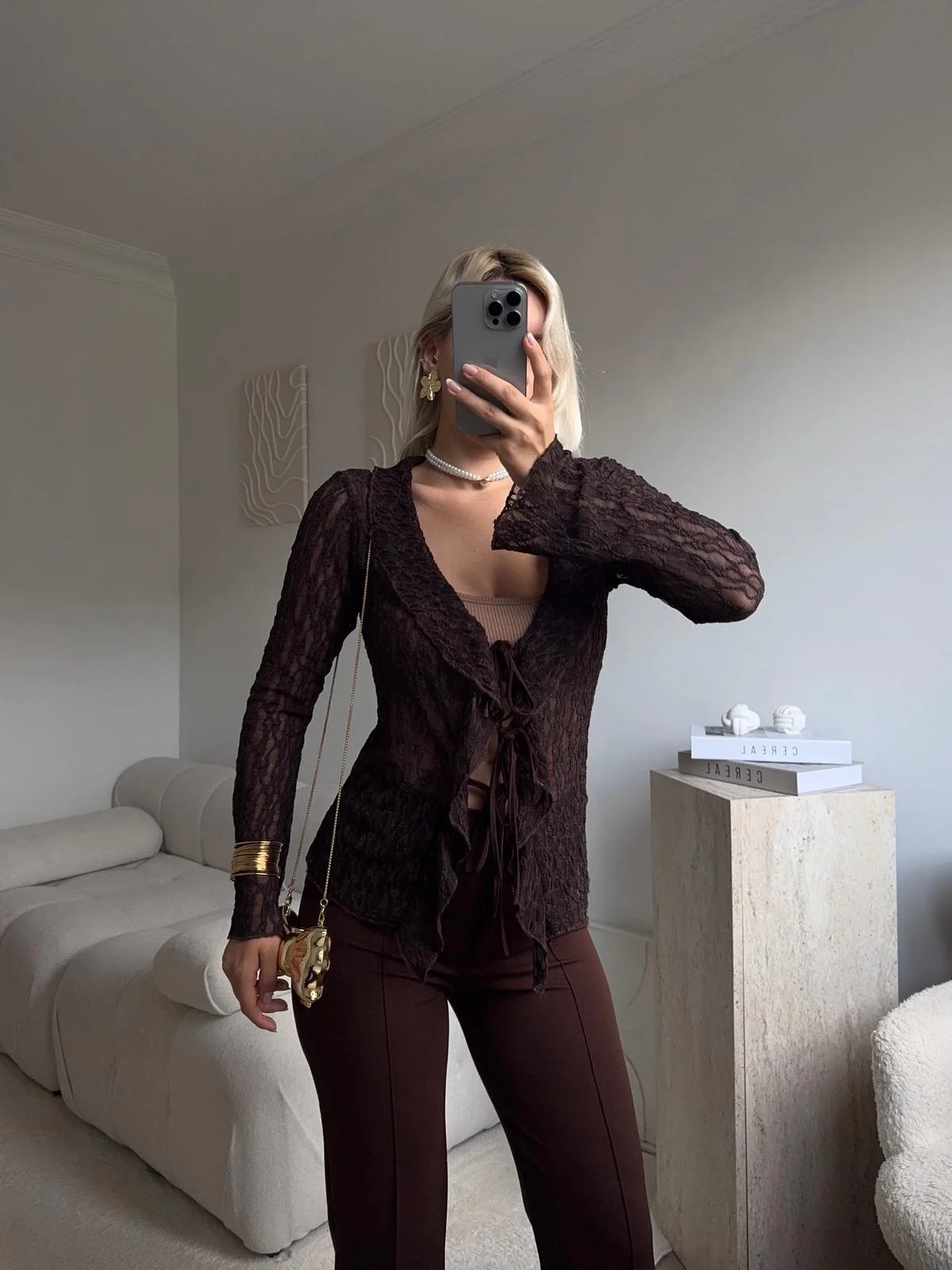 Ön Bağlamalı Dantel Hırka - KAHVE