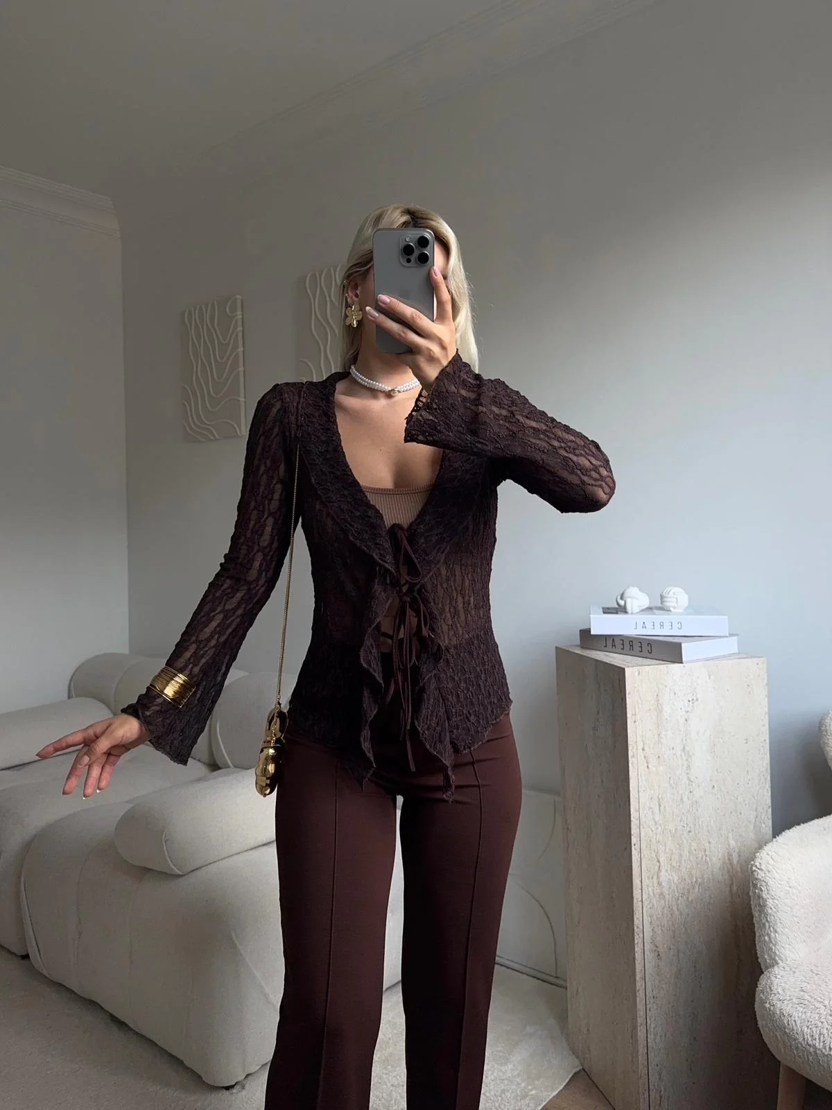 Ön Bağlamalı Dantel Hırka - KAHVE