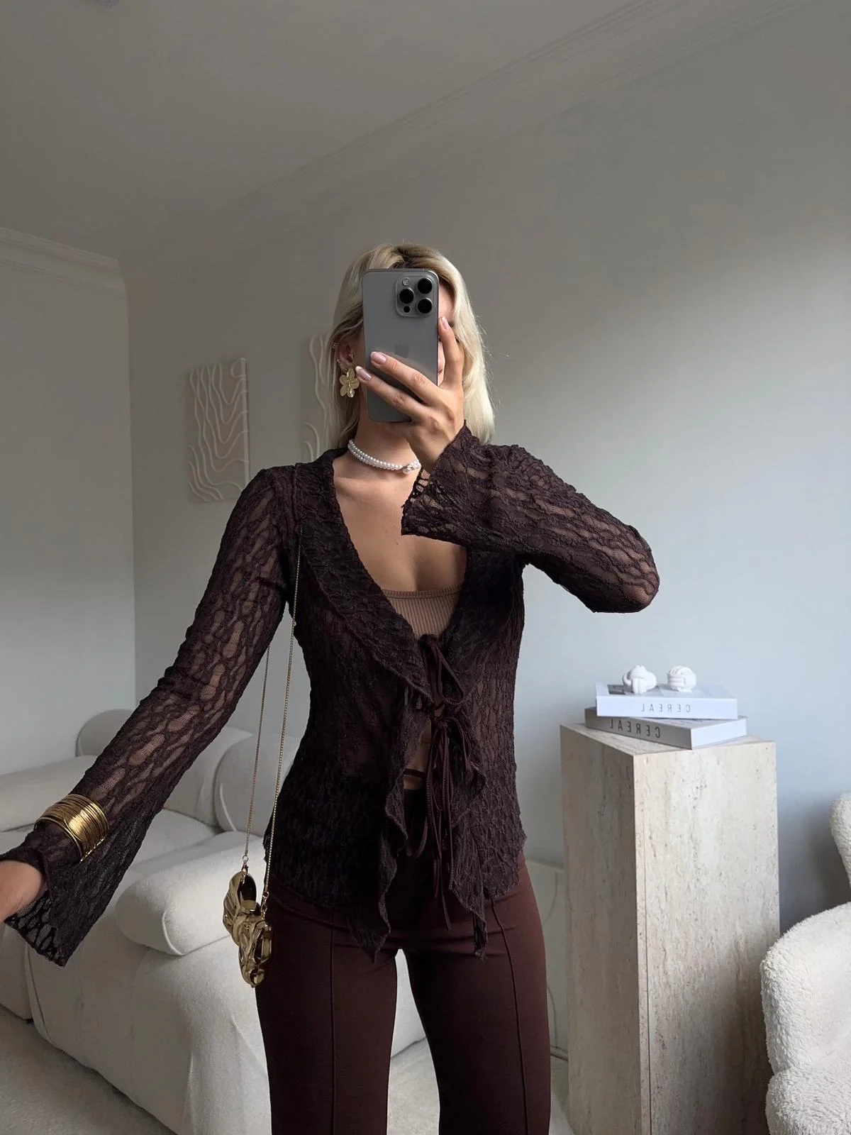 Ön Bağlamalı Dantel Hırka - KAHVE