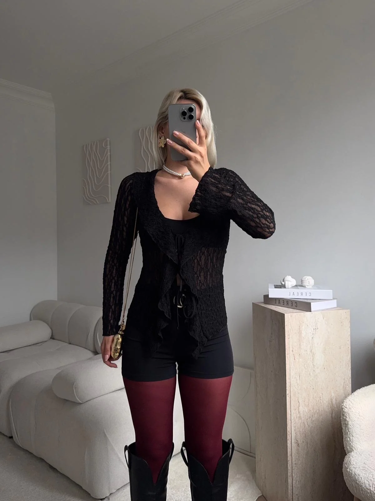 Ön Bağlamalı Dantel Hırka - SİYAH