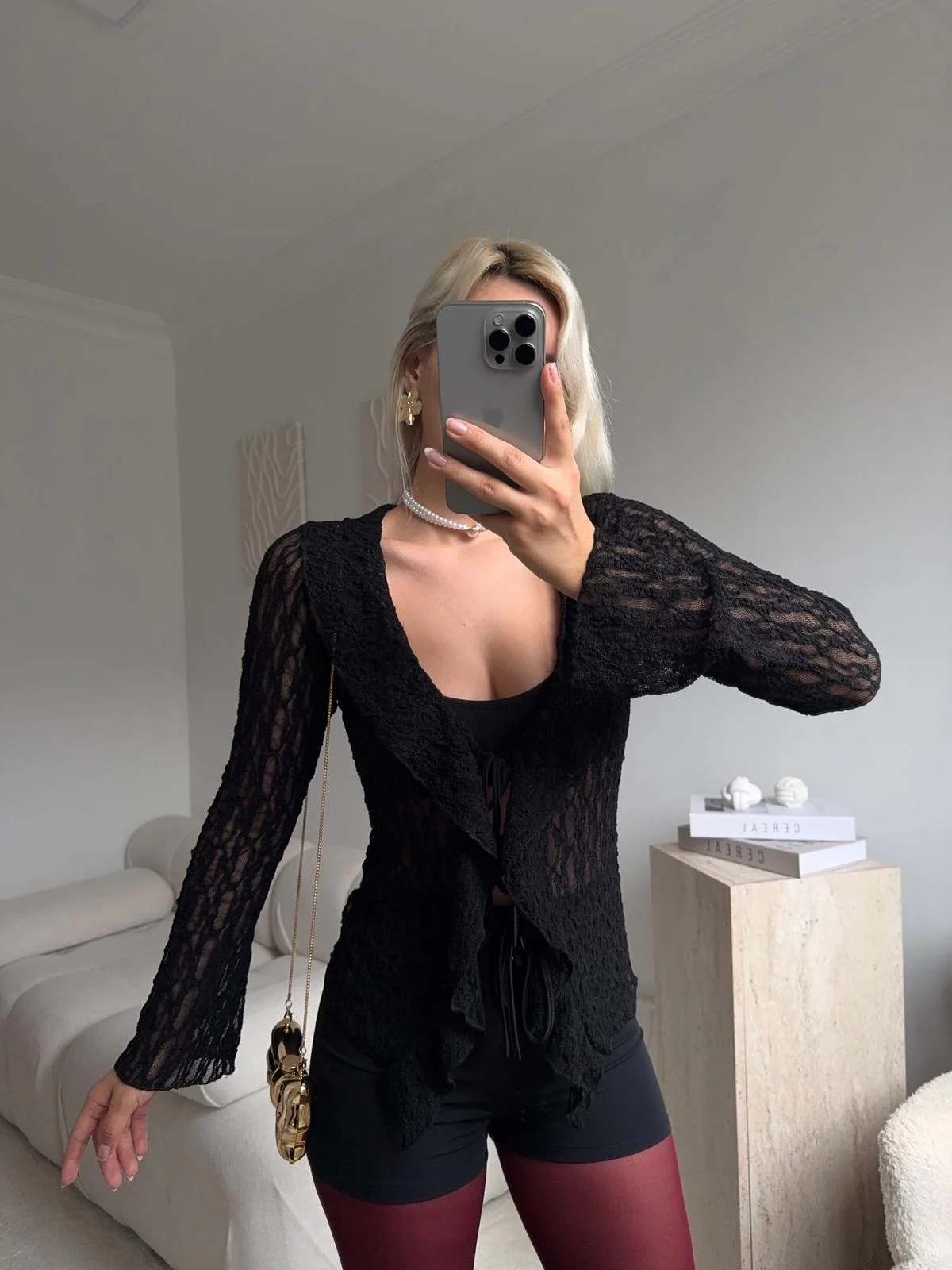 Ön Bağlamalı Dantel Hırka - SİYAH