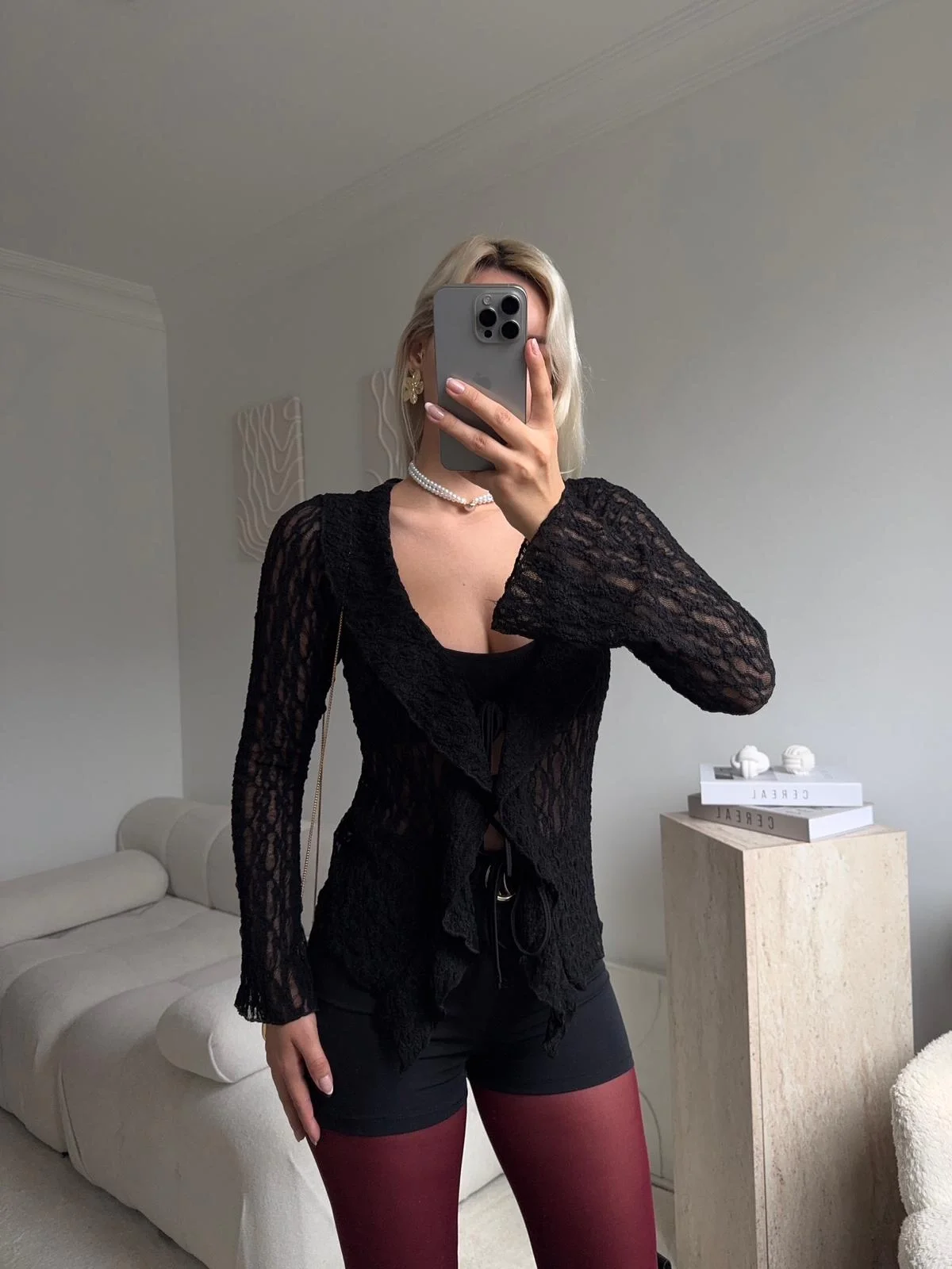 Ön Bağlamalı Dantel Hırka - SİYAH