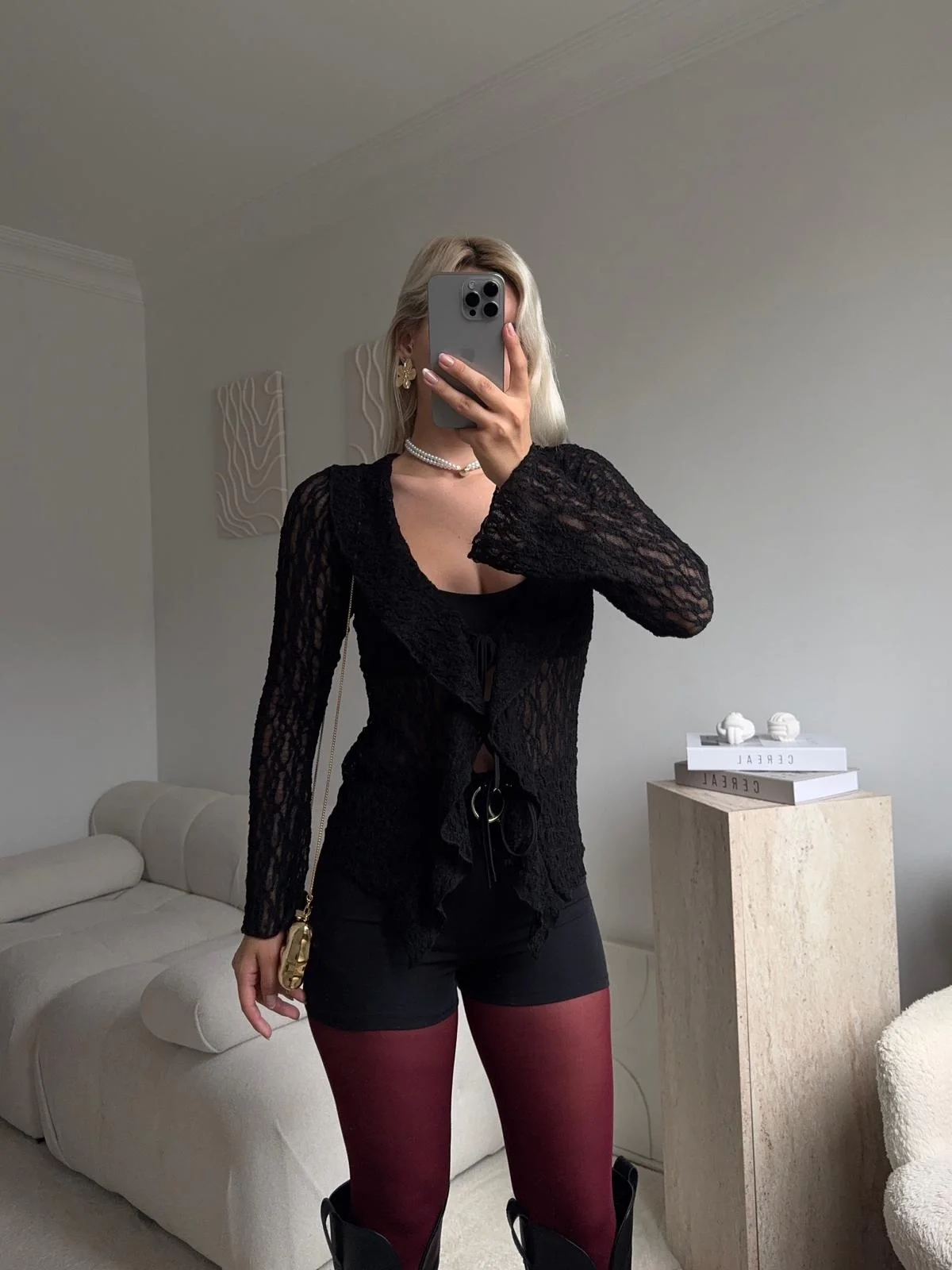 Ön Bağlamalı Dantel Hırka - SİYAH