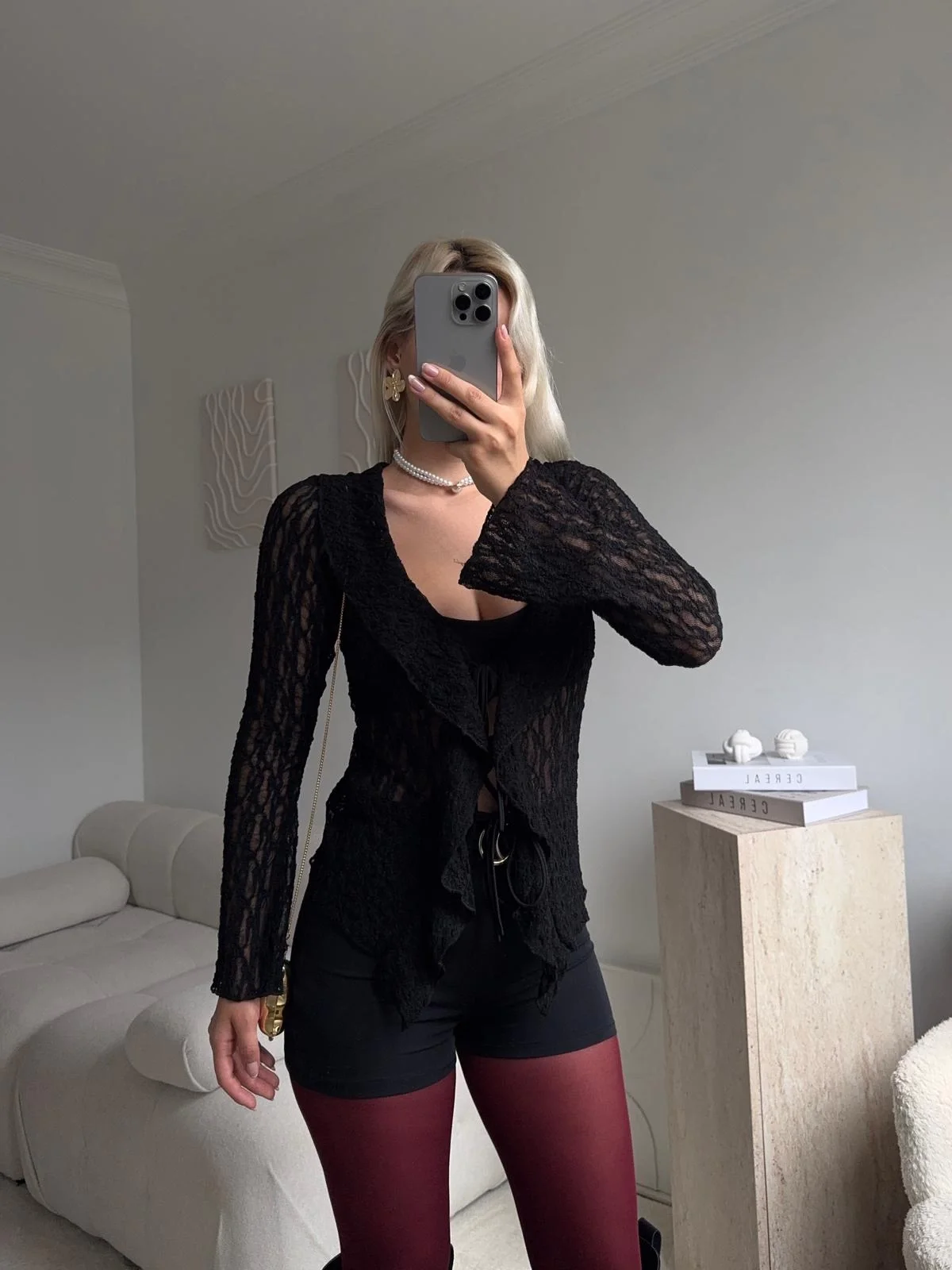 Ön Bağlamalı Dantel Hırka - SİYAH