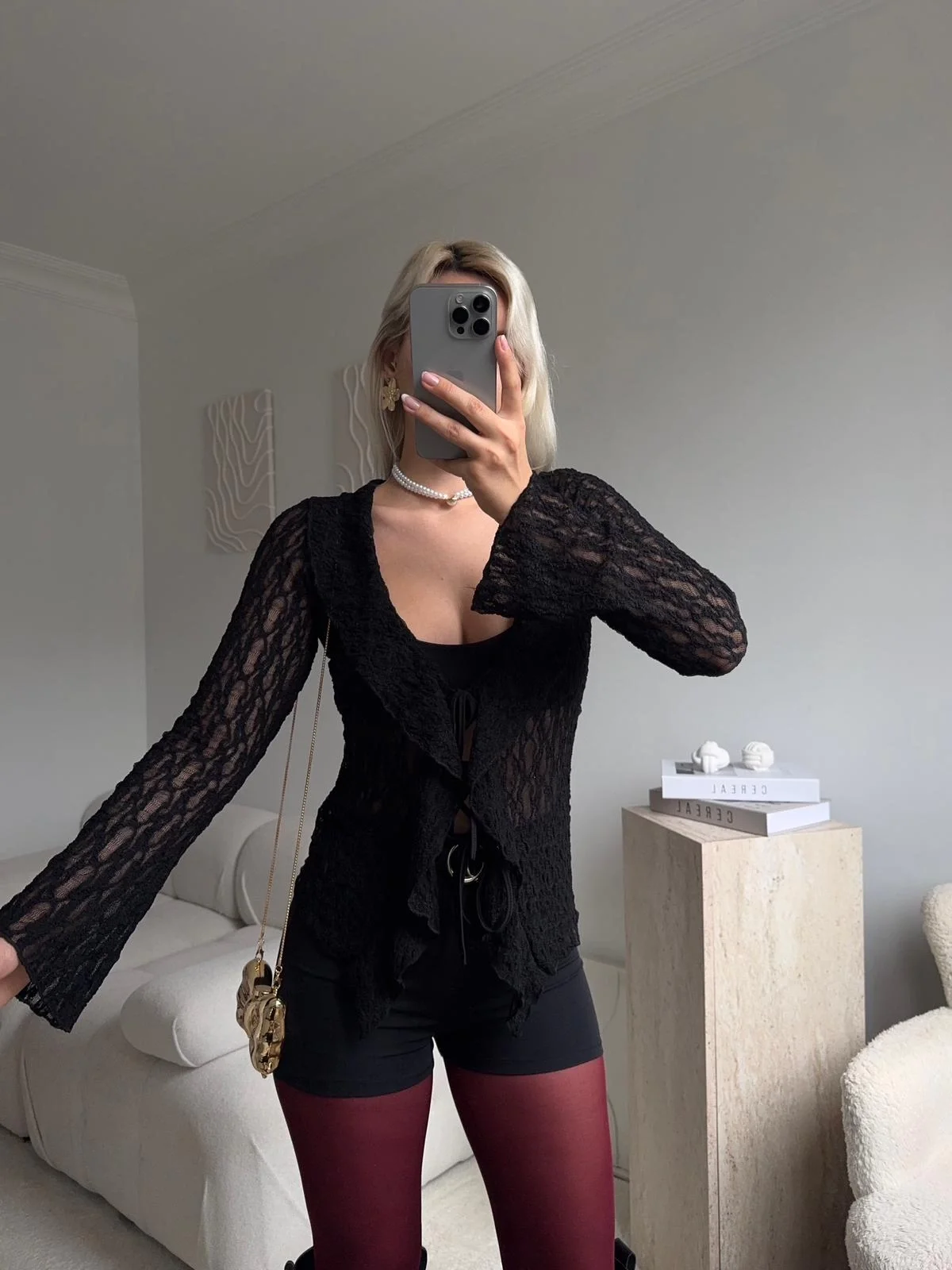 Ön Bağlamalı Dantel Hırka - SİYAH