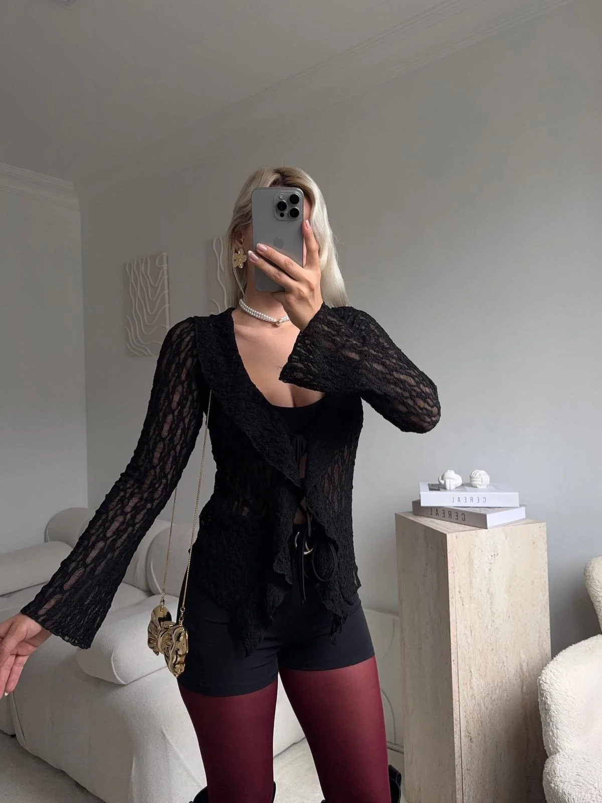 Ön Bağlamalı Dantel Hırka - SİYAH