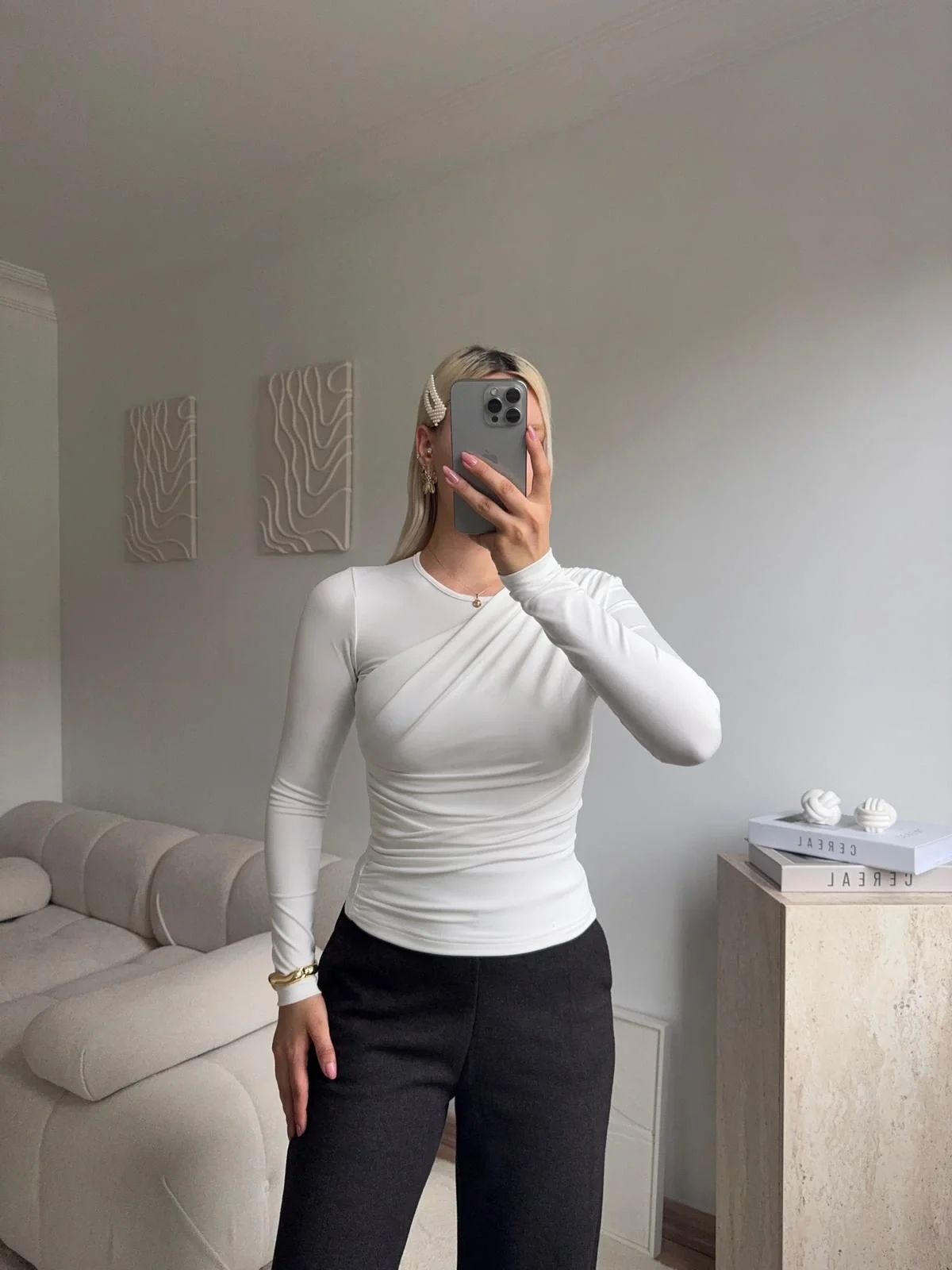 Ön Drapeli Çift Kat Bluz - BEYAZ