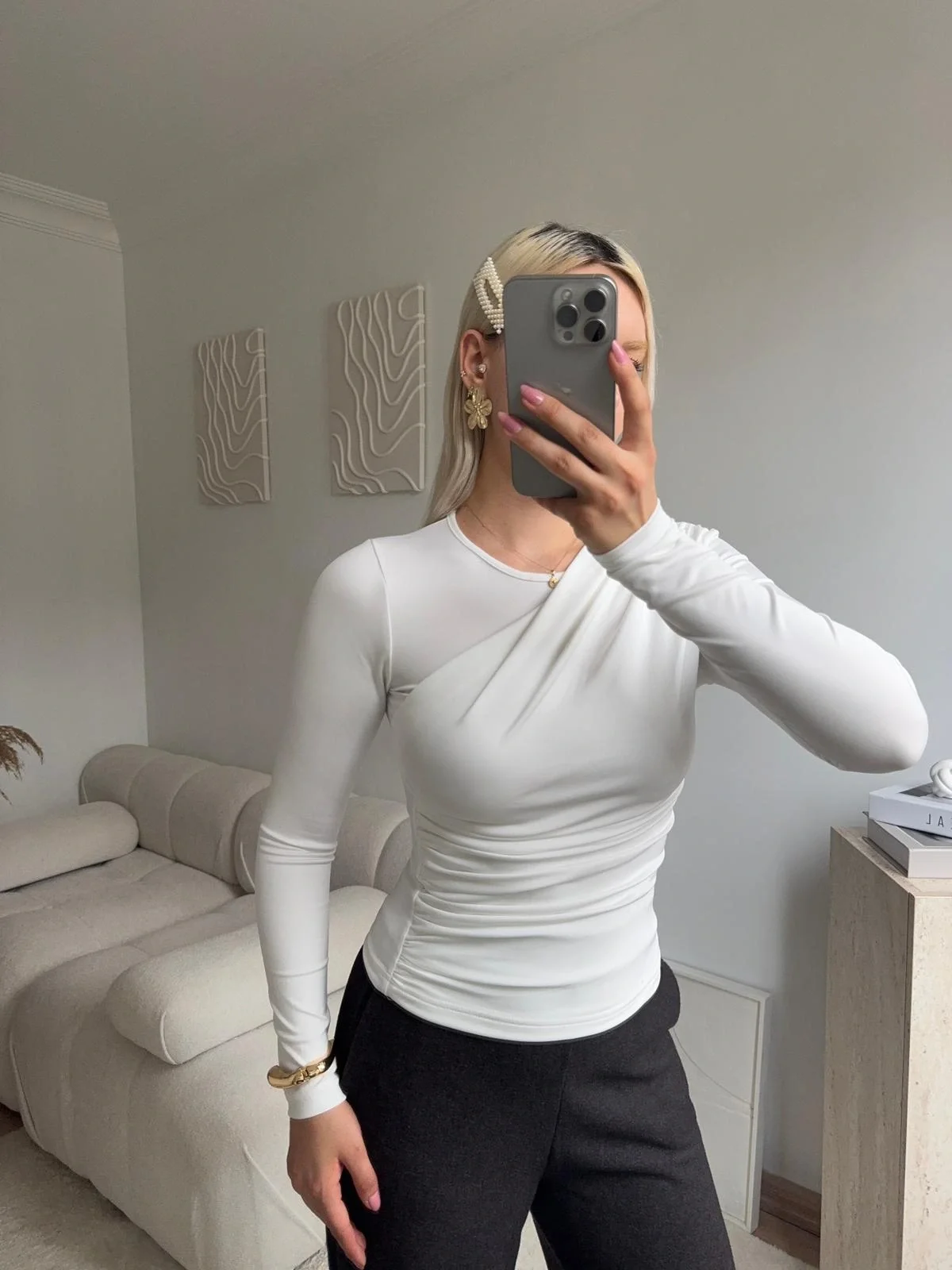 Ön Drapeli Çift Kat Bluz - BEYAZ