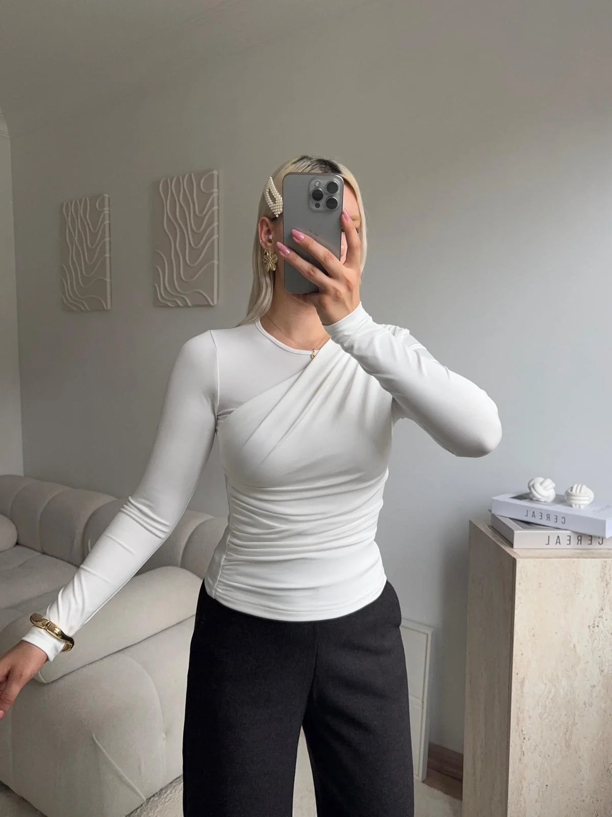 Ön Drapeli Çift Kat Bluz - BEYAZ