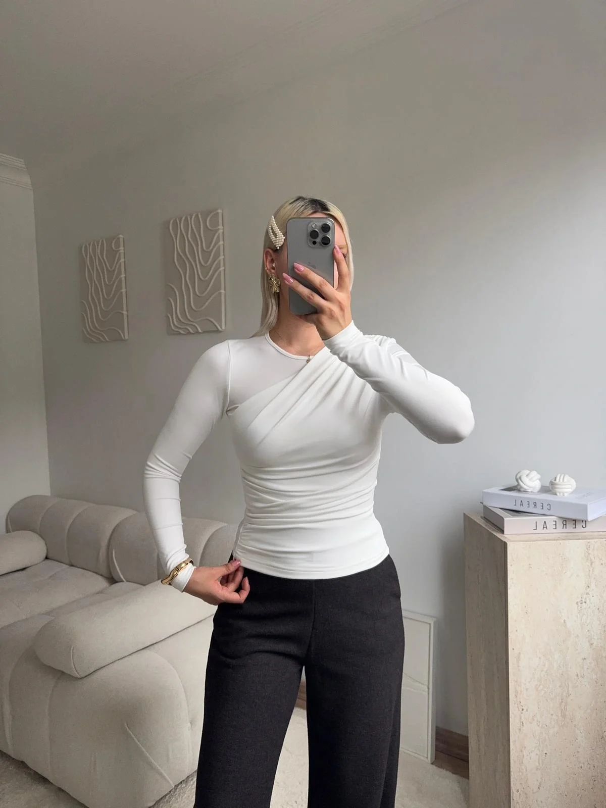 Ön Drapeli Çift Kat Bluz - BEYAZ