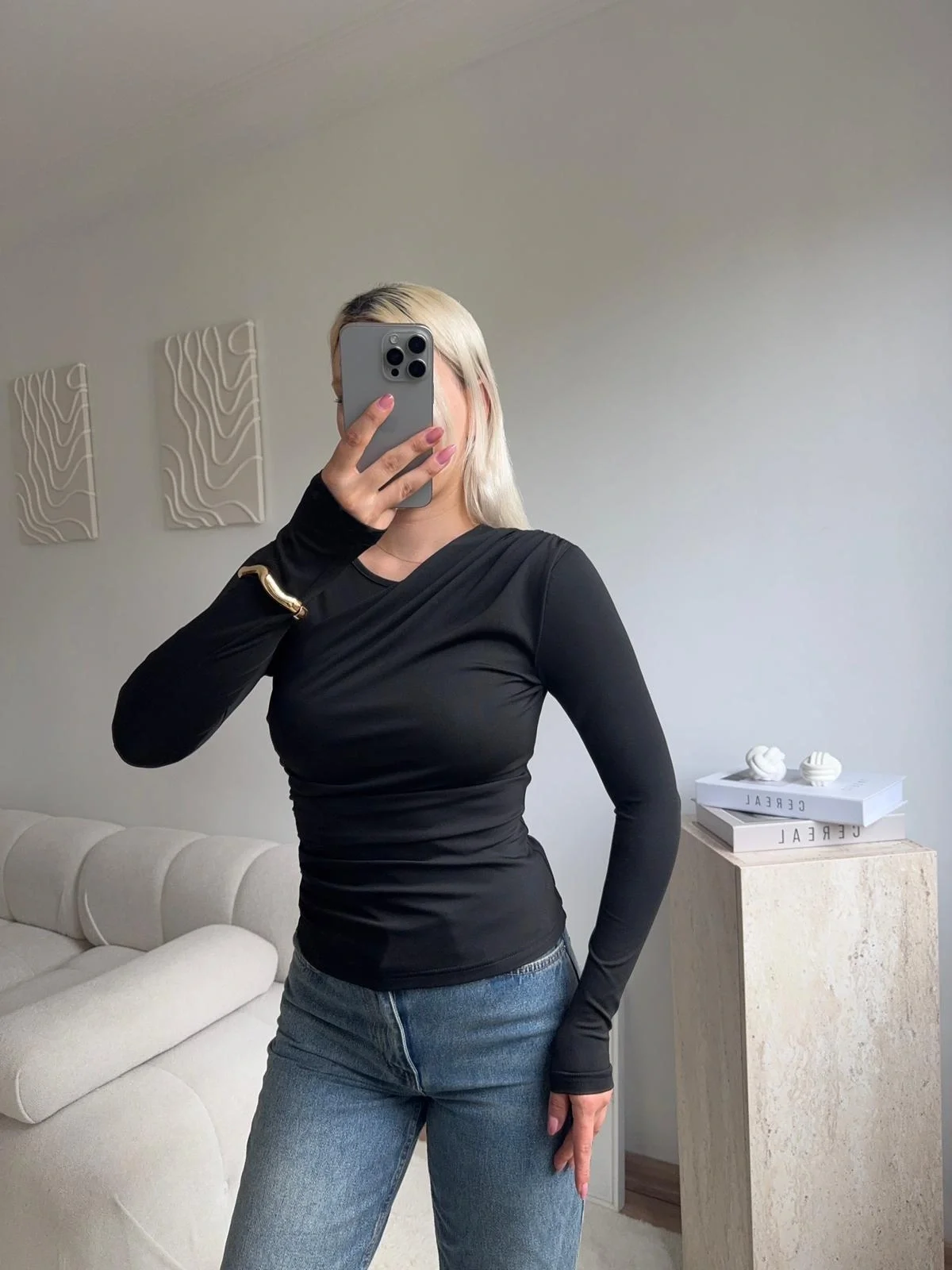 Ön Drapeli Çift Kat Bluz - SİYAH