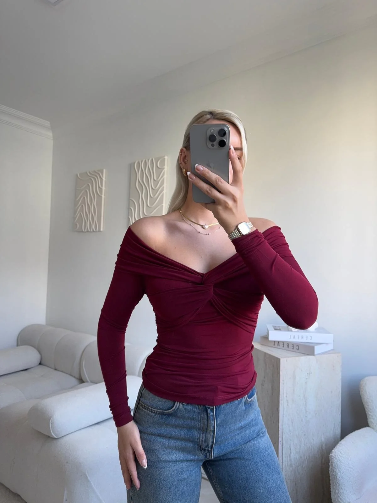 Önü Drapeli Madonna Bluz - BORDO