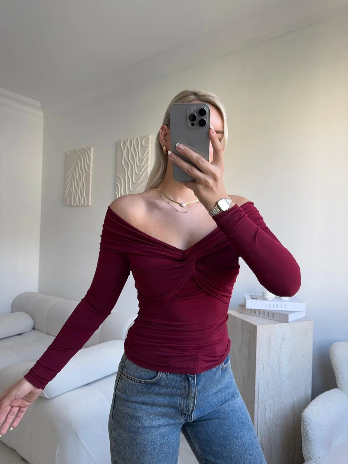 Önü Drapeli Madonna Bluz - BORDO