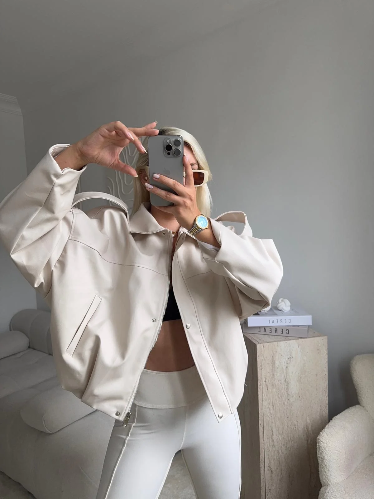 Oversize Bel Lastik Deri Ceket - BEJ