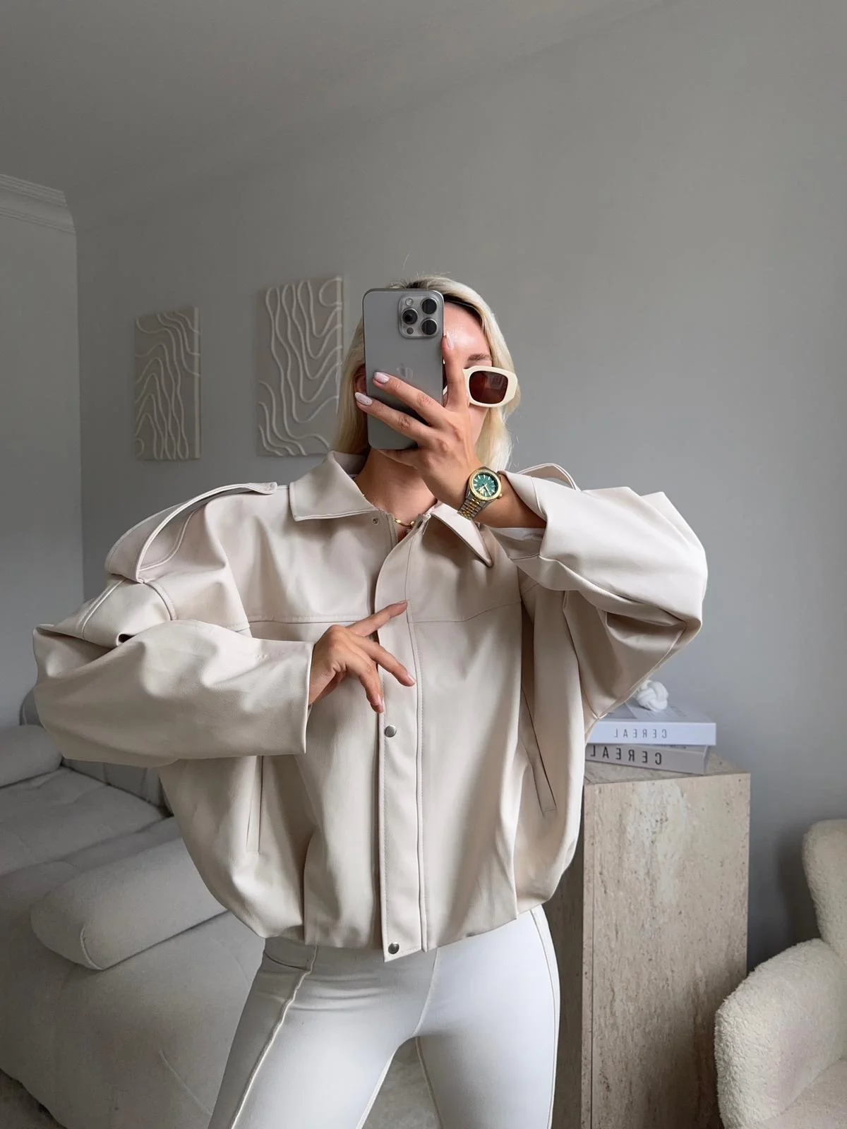 Oversize Bel Lastik Deri Ceket - BEJ