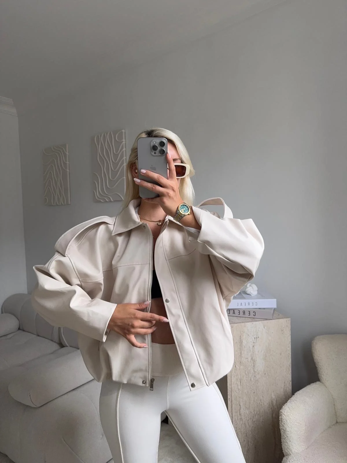 Oversize Bel Lastik Deri Ceket - BEJ