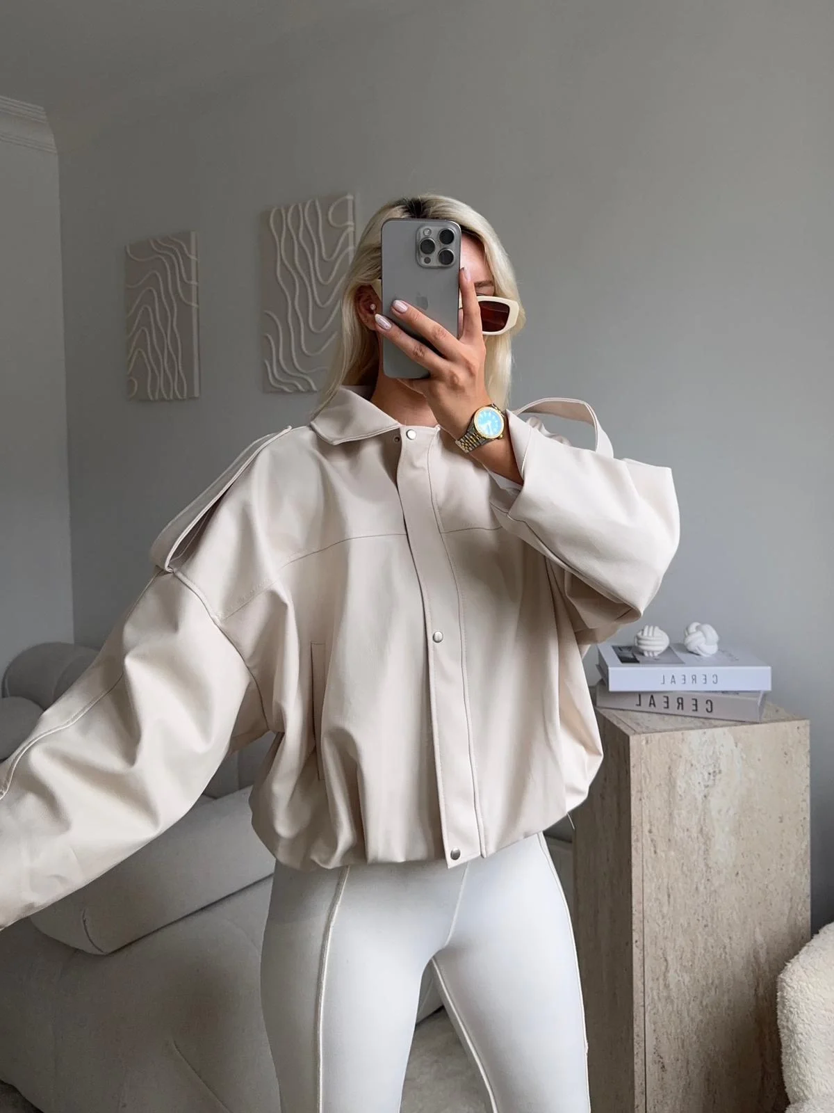 Oversize Bel Lastik Deri Ceket - BEJ