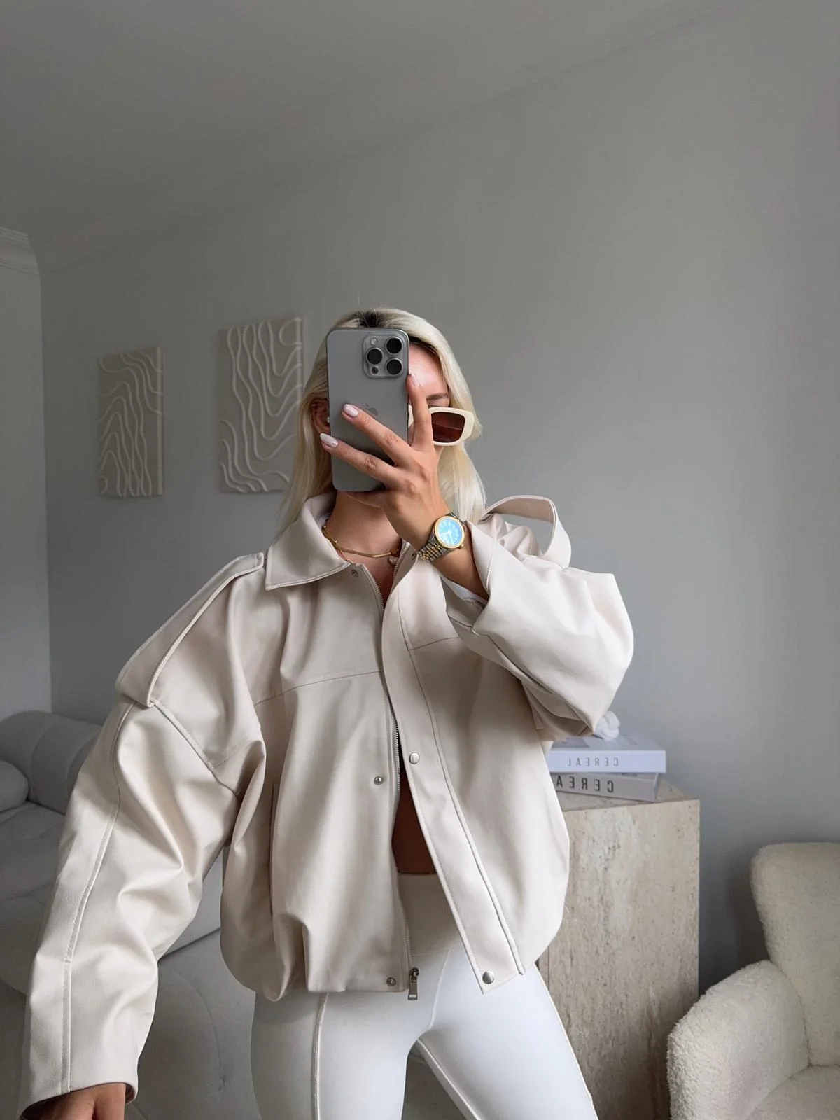 Oversize Bel Lastik Deri Ceket - BEJ