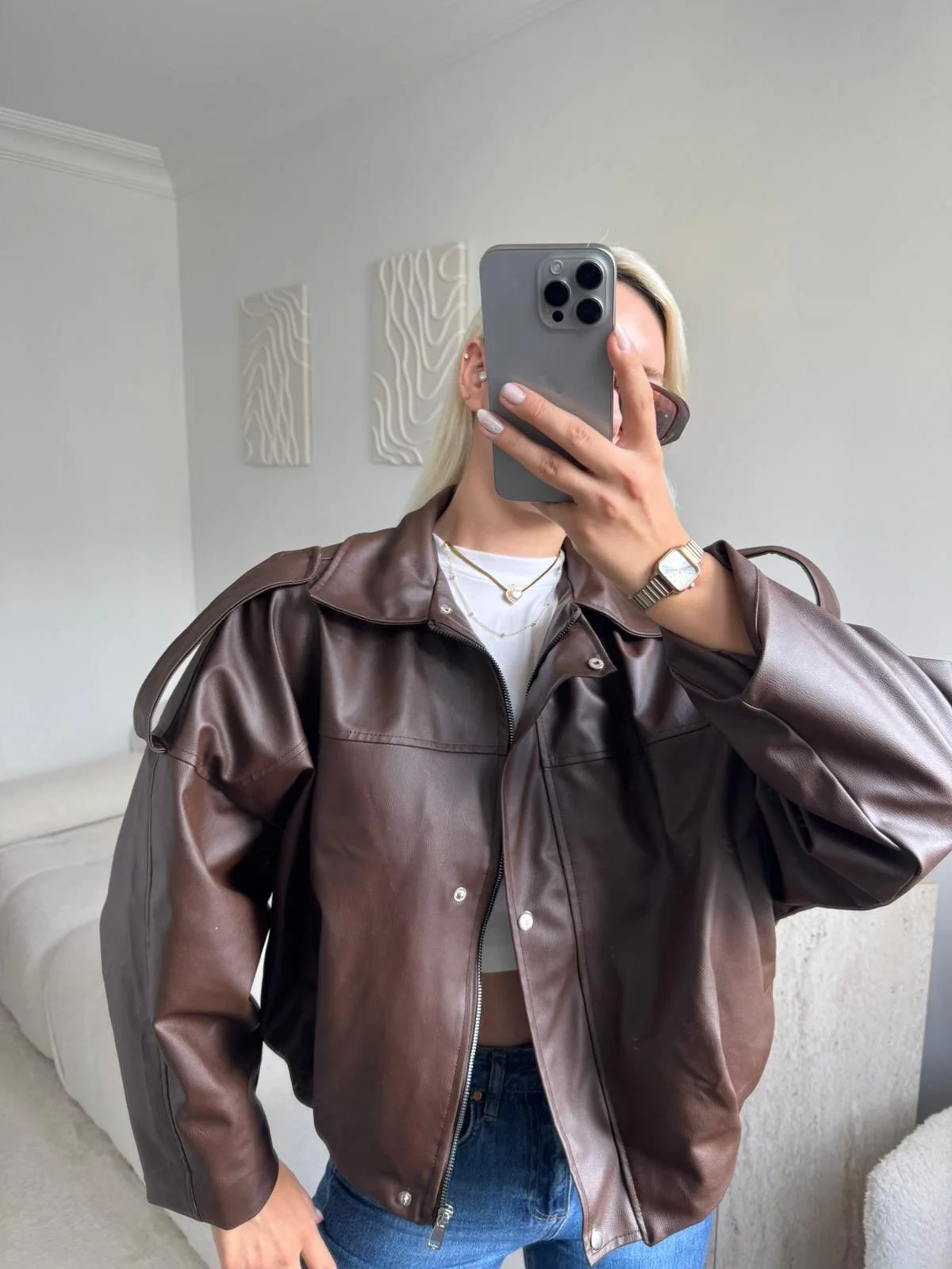 Oversize Bel Lastik Deri Ceket - KAHVE