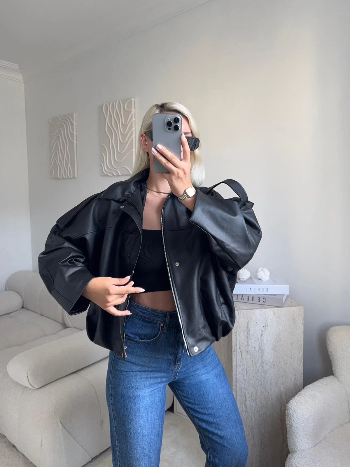 Oversize Bel Lastik Deri Ceket - SİYAH