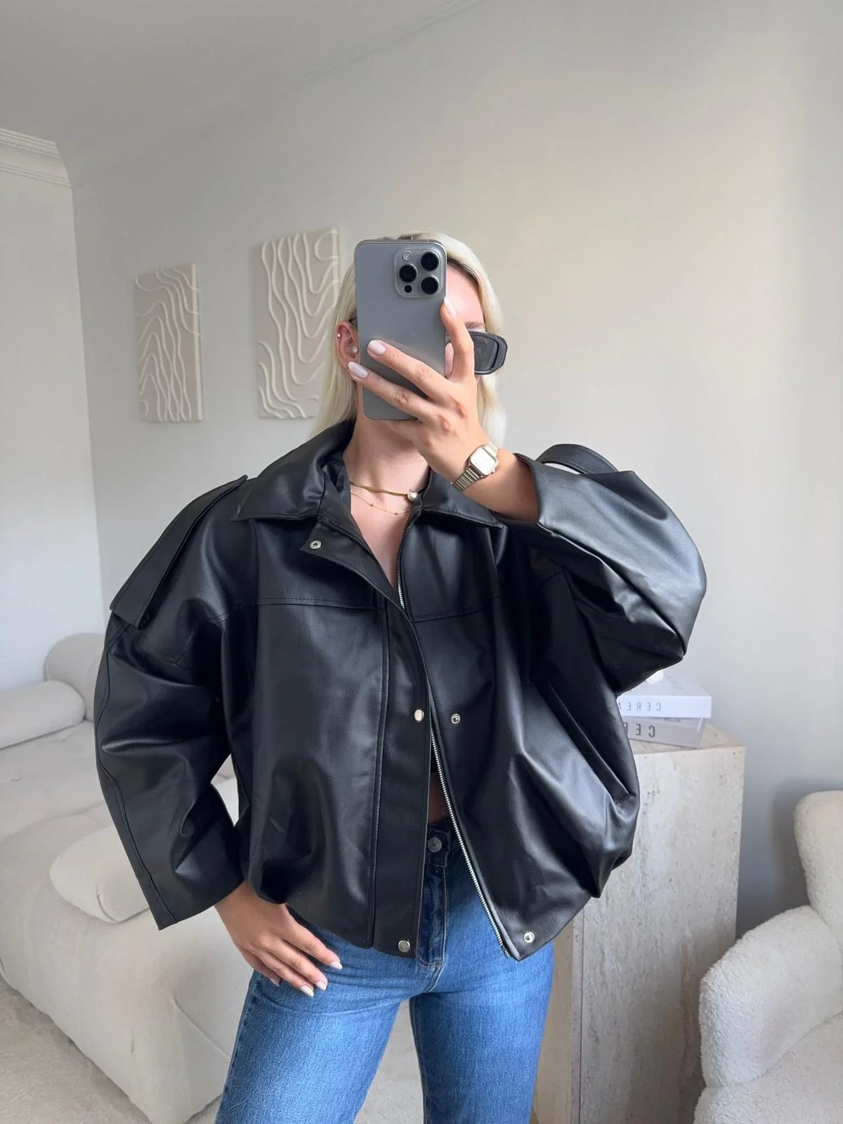 Oversize Bel Lastik Deri Ceket - SİYAH