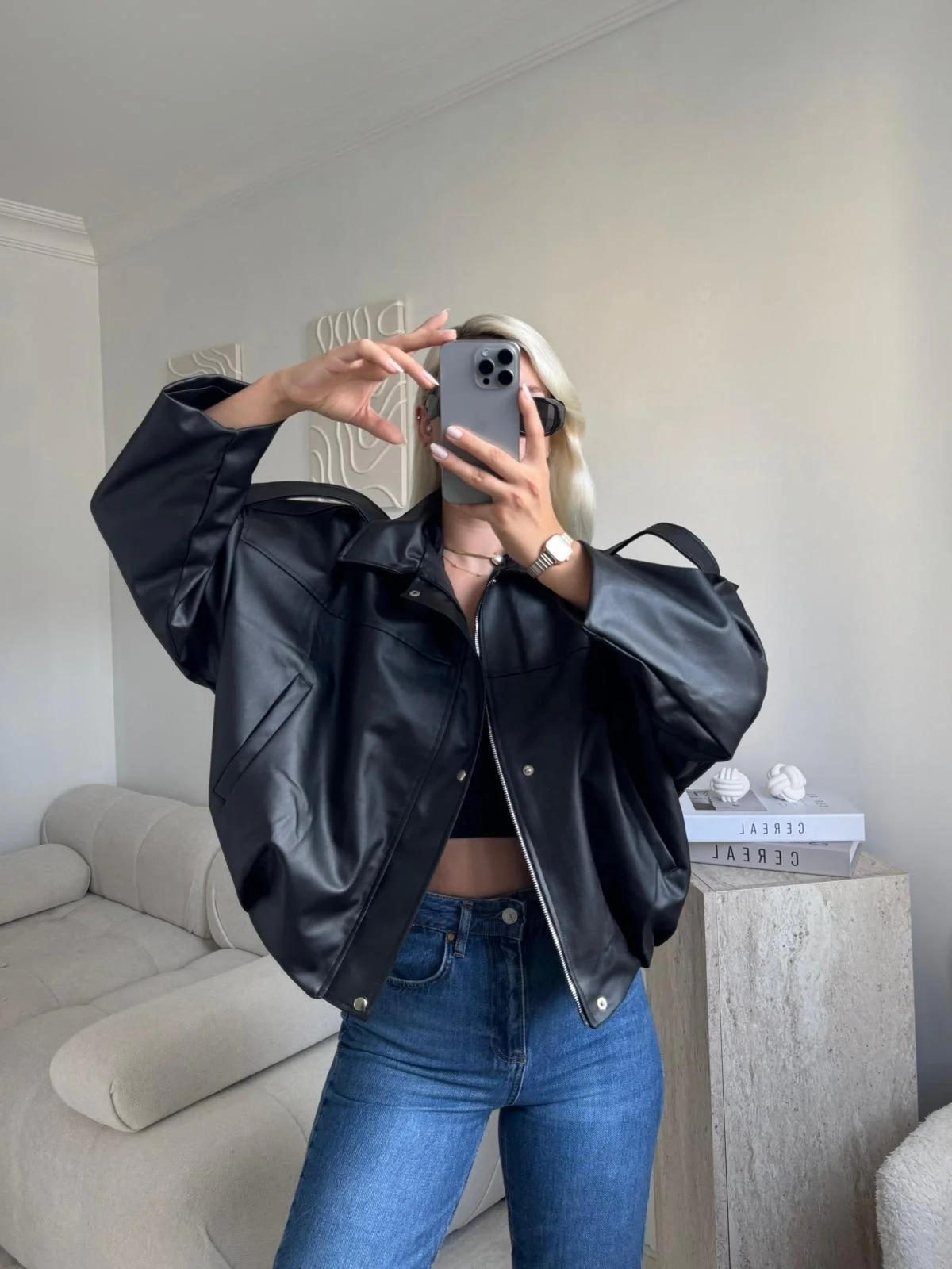 Oversize Bel Lastik Deri Ceket - SİYAH