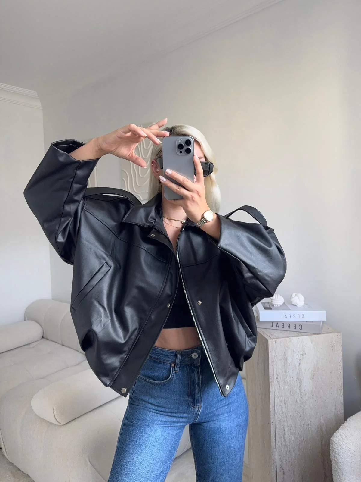 Oversize Bel Lastik Deri Ceket - SİYAH