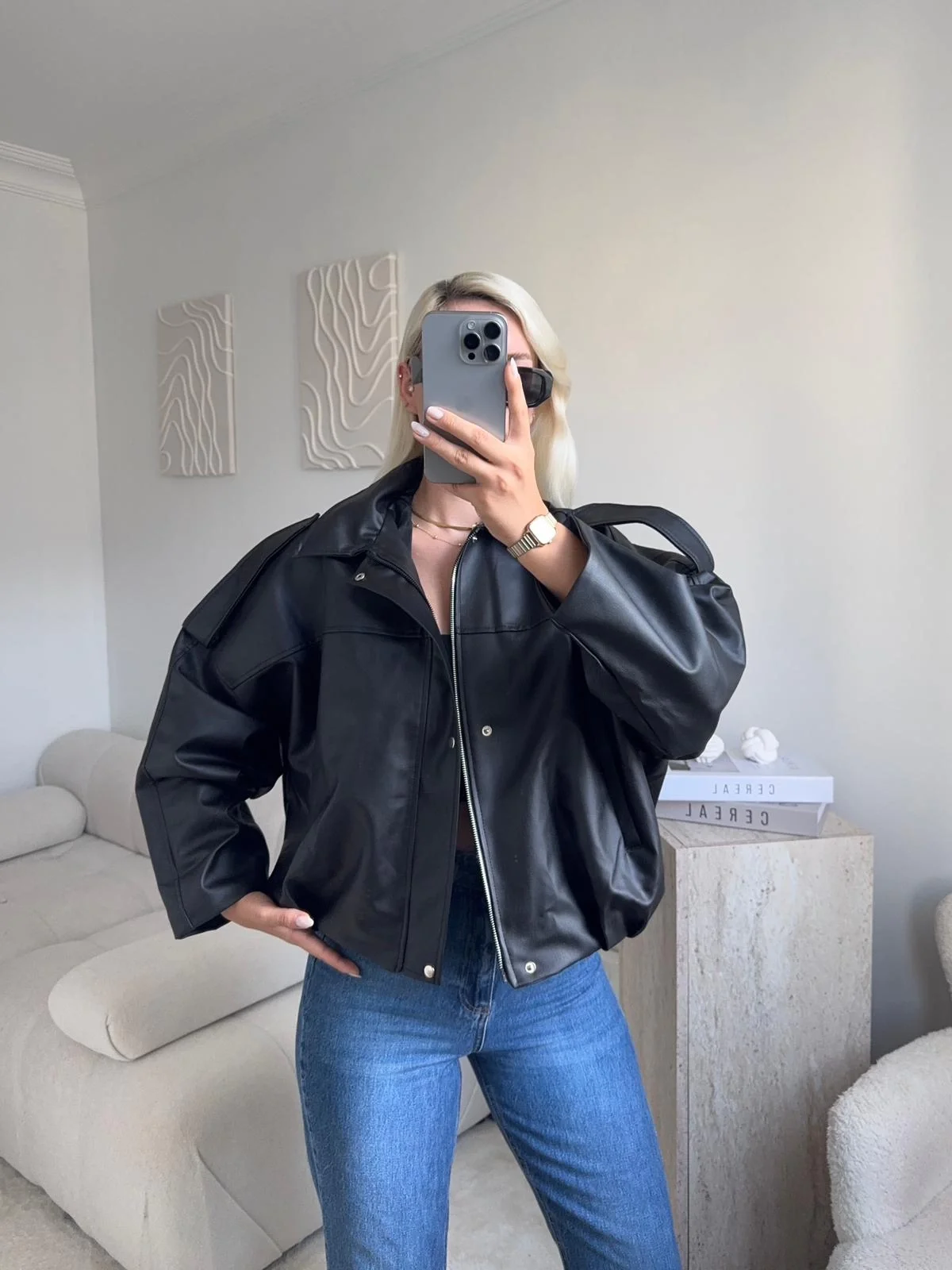 Oversize Bel Lastik Deri Ceket - SİYAH