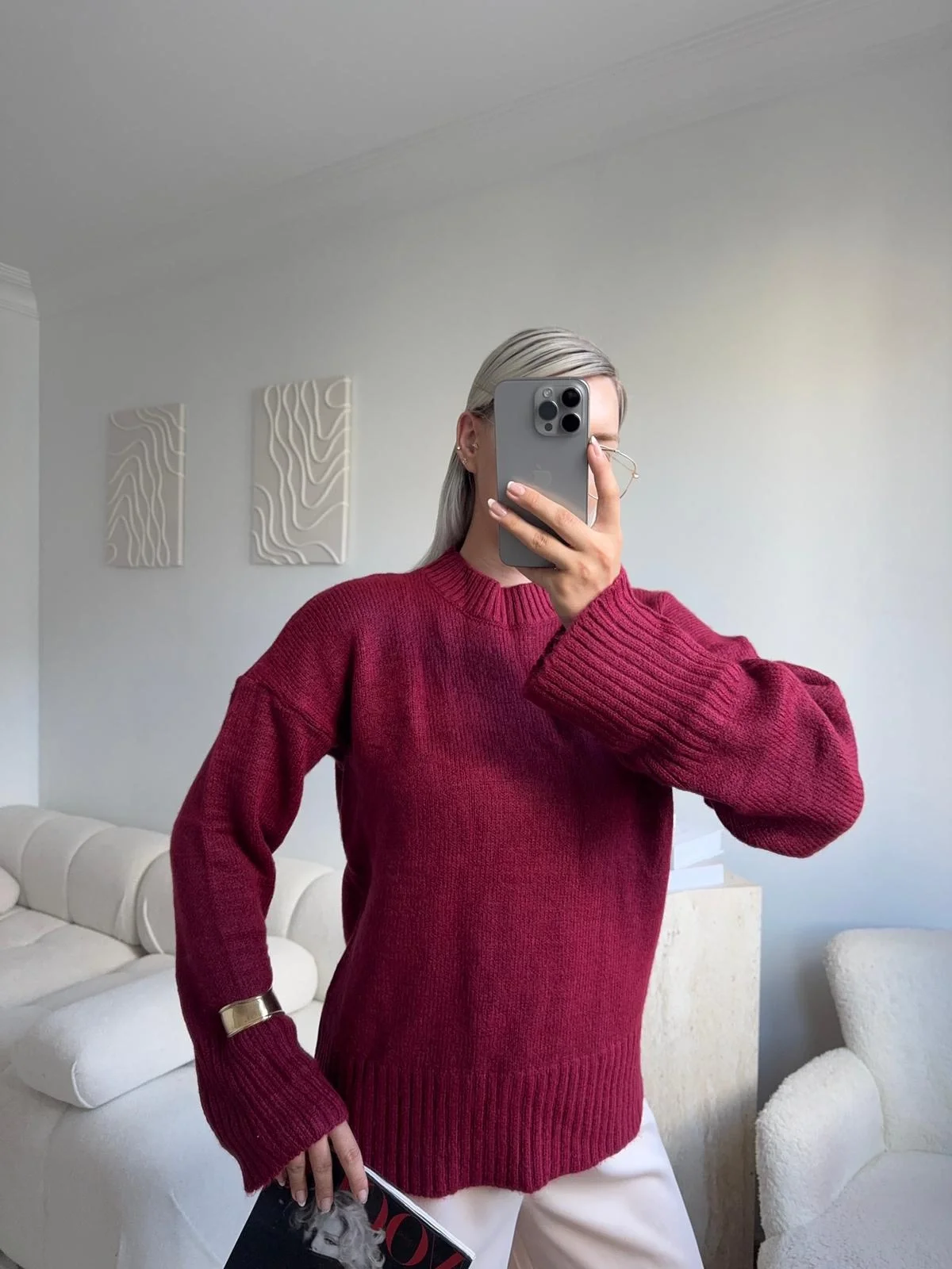 Oversize Bisiklet Yaka Kazak - BORDO