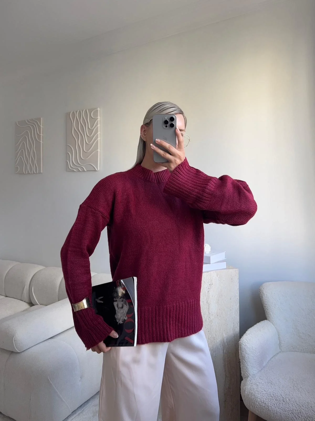 Oversize Bisiklet Yaka Kazak - BORDO