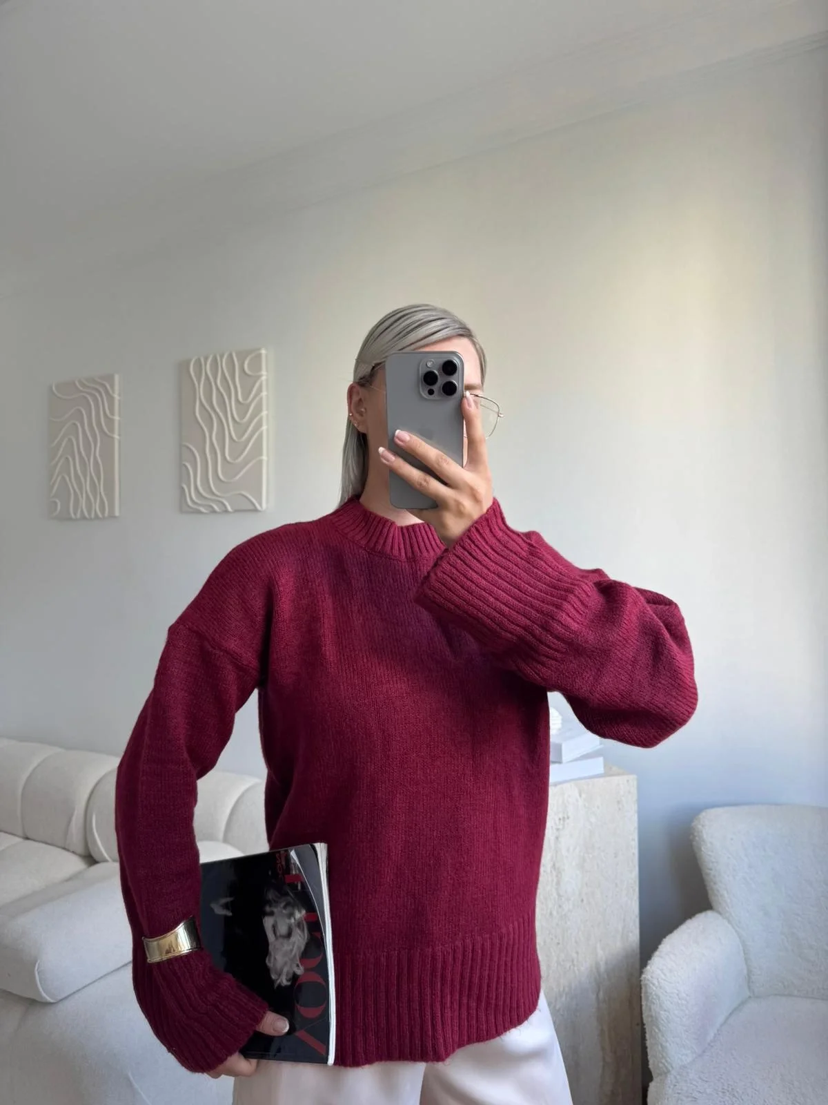 Oversize Bisiklet Yaka Kazak - BORDO